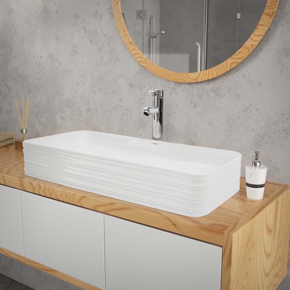 LuxeBath Waschbecken Waschtisch Aufsatzwaschbecken aus Keramik für Badezimmer / Gäste-WC, Handwaschbecken Weiß inkl. Ablaufgarnitur ohne Überlauf