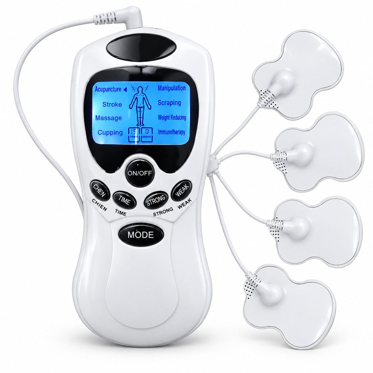 Tekoo TENS-Gerät Reizstromgerät EMS TENS Massagegerät mit 4 Pads, (Einsteiger-Set, Komplettset inklusive Steuergerät, Kabel, Pads und Stromversorgung), 1-auf-4-Kabel für simultane Massage