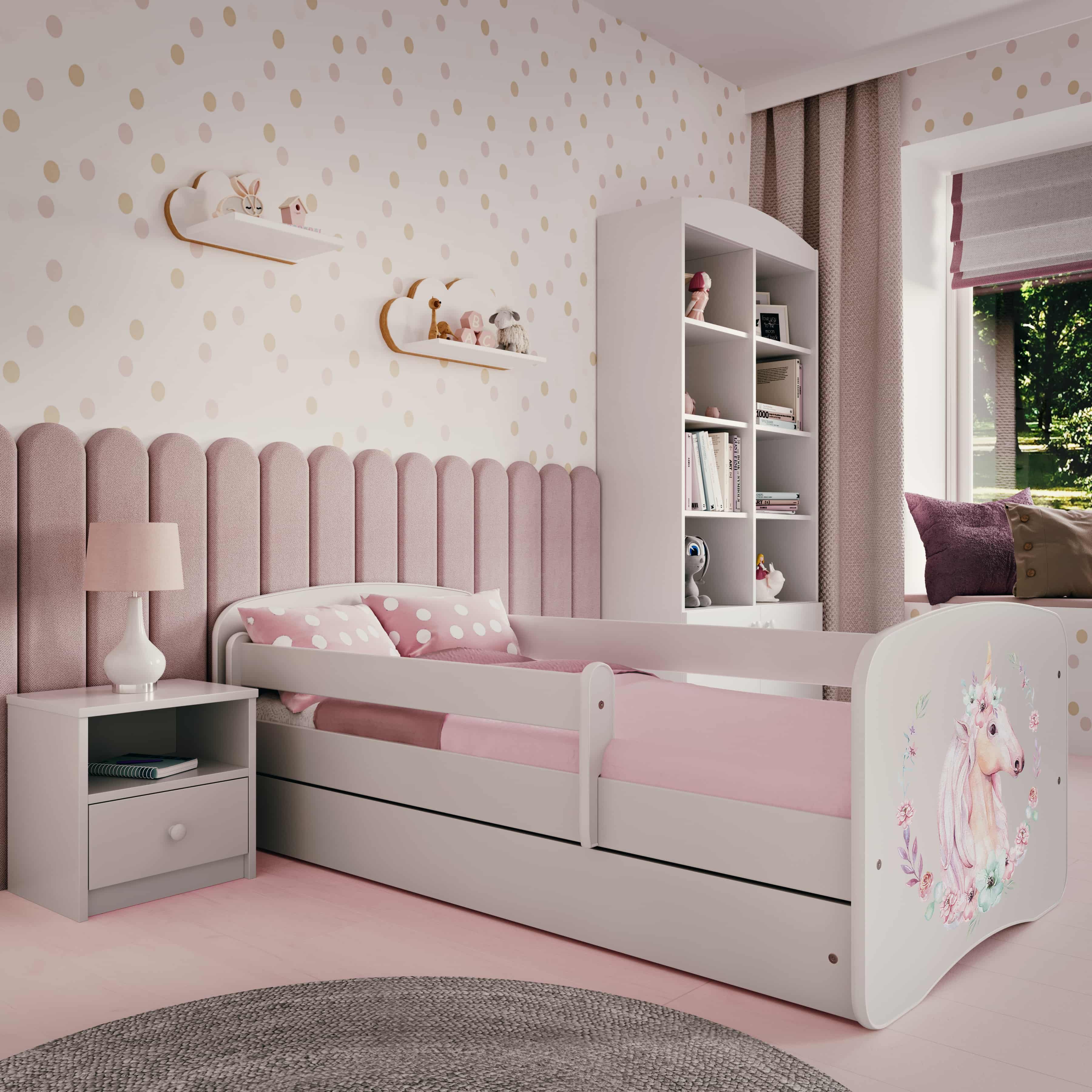 Raumhirsch Furniture Kinderbett 70x140, 80x160, 80x180 cm - Komplettset mit Matratze & Schublade (Bett für Mädchen, Einzelbett Kinder 2–12, mit Rausfallschutz & Lattenrost), verschiedene Farben & Designs