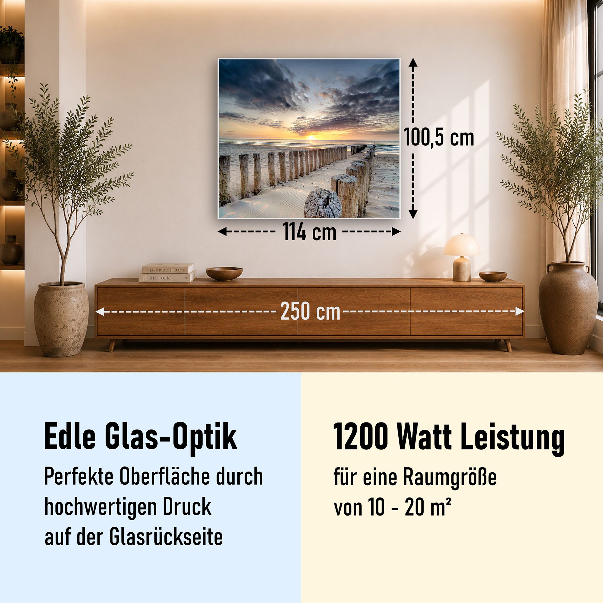 STEINFELD Heizsysteme Infrarotheizung Glas-Bild 1200W, 114x100cm, Made in Germany, 7 Jahre Garantie, mit Thermostat, Silber