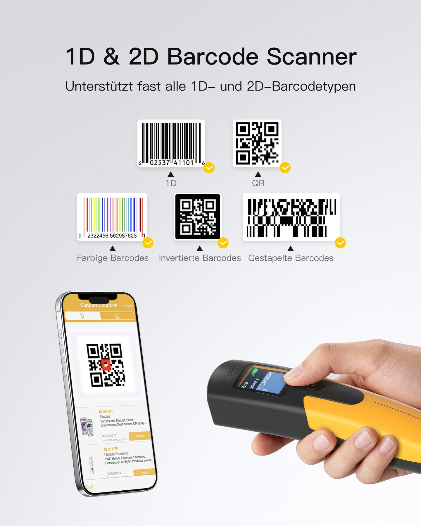 Inateck Barcode Scanner Kabellos 2D mit Display, QR Code Scanner Kleine 3 in 1 Handscanner, (Bluetooth & USB Kabel & 2.4G Wireless, 2600 mAh, mit APP, SDK)