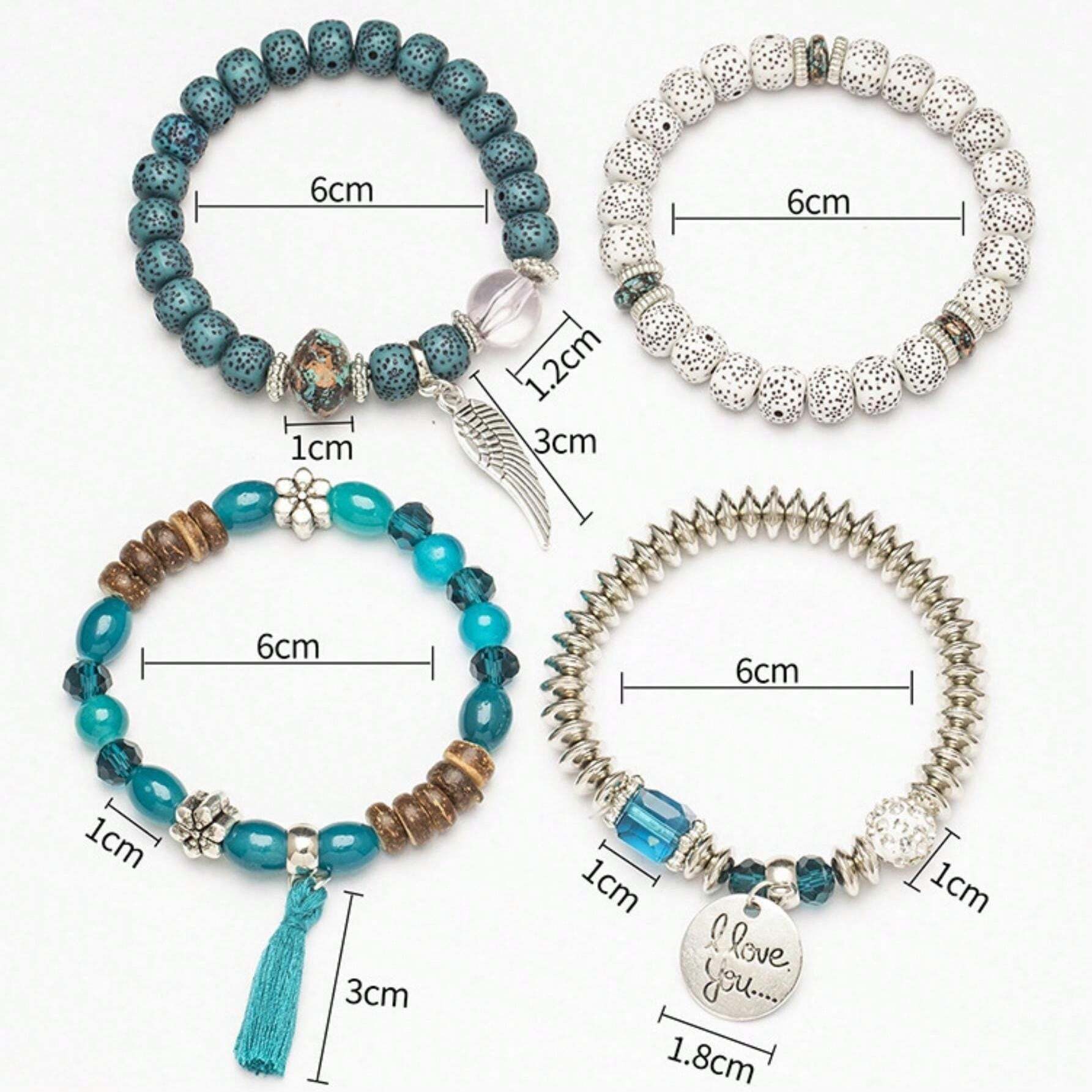 The Beauty House Armband Set Boho Armband Damen Set – 5-teilige Perlenarmbänder, in Türkis & Silber mit Anhängern, elastisch & stilvoll – Bild 4 von 4
