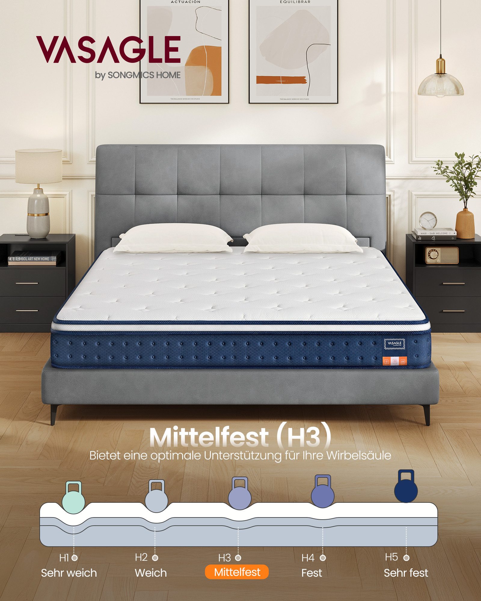 Taschenfederkernmatratze Federkernmatratze, VASAGLE, 20 cm hoch, Matratzen aus Gel-Memory-Schaumstoff, mittelfest,7-Zonen-Unterstützung