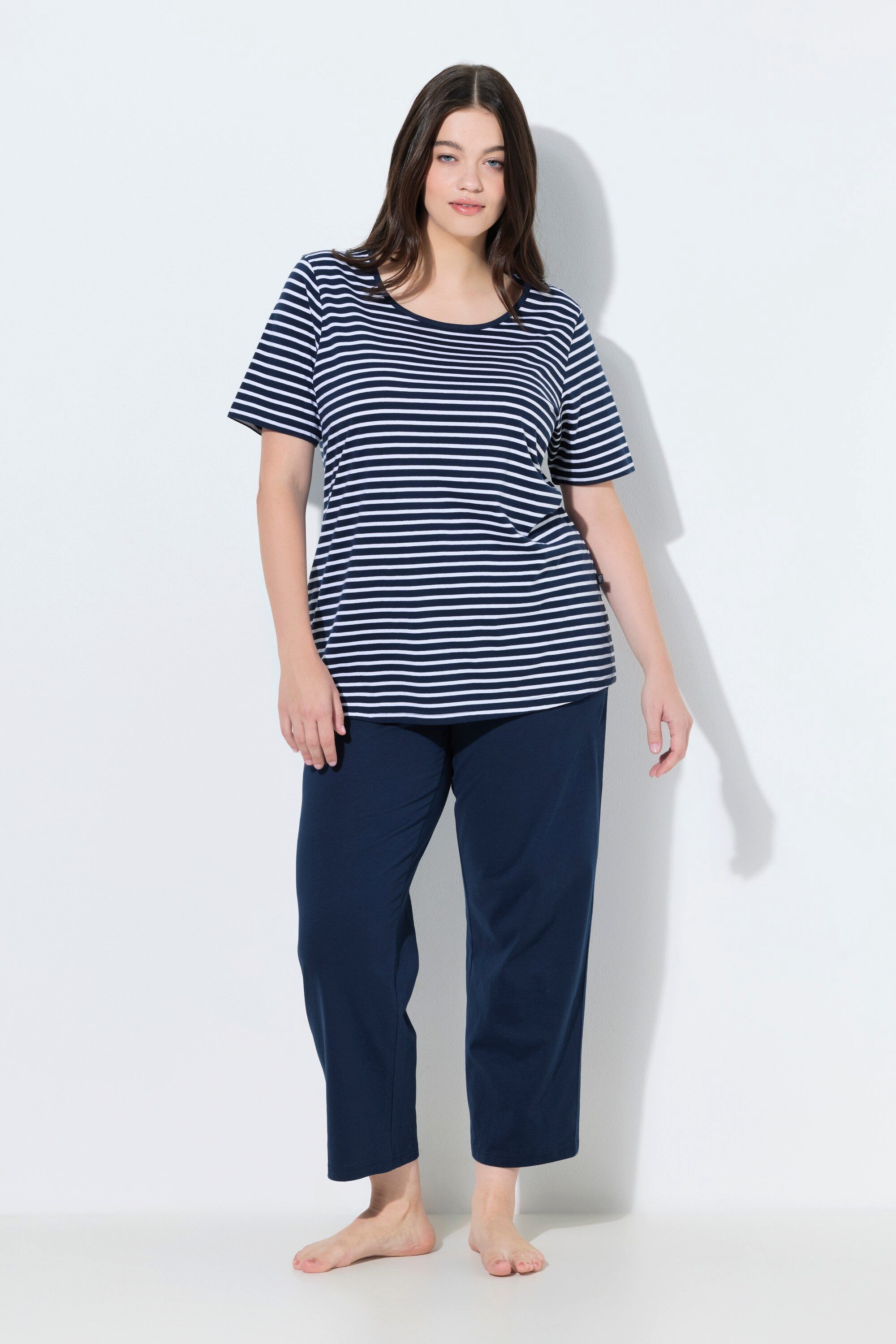 Ulla Popken Pyjama Pyjama Ringel Rundhals Halbarm Biobaumwolle günstig online kaufen