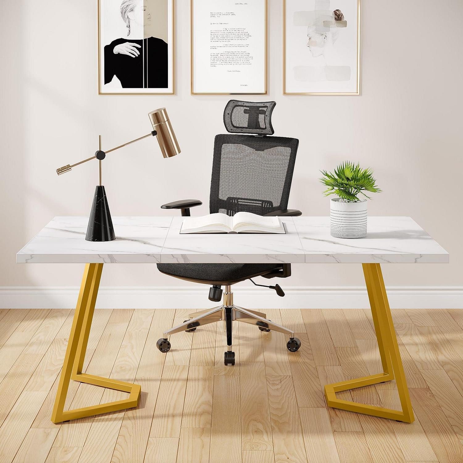 LuxusKollektion Schreibtisch Schreibtisch 140x80 cm Weiß Gold Computertisch (1-St)