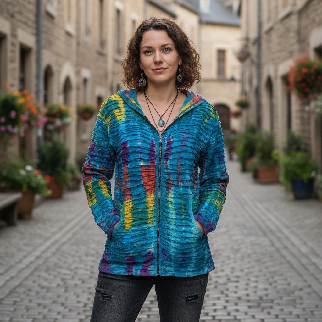 Guru-Shop Langjacke Bunte Batikjacke Jacke, Boho Unikat Hippie.. alternative Bekleidung