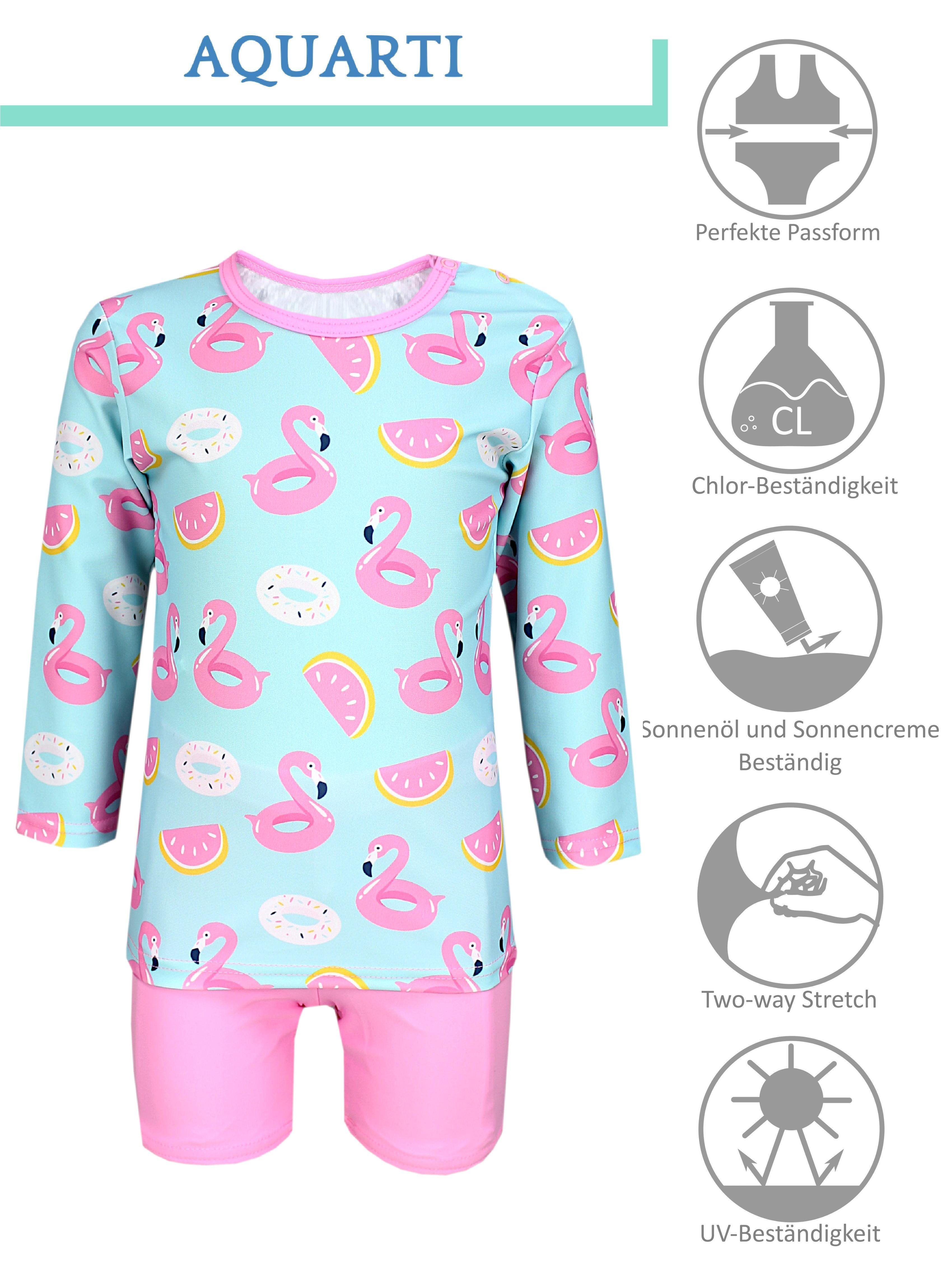 Hellgrün Shirt Badeanzug Zweiteiler Rosa Mädchen / Langarm Badeanzug Badehose / Kinder UV-Schutz Aquarti Baby Flamingos Set