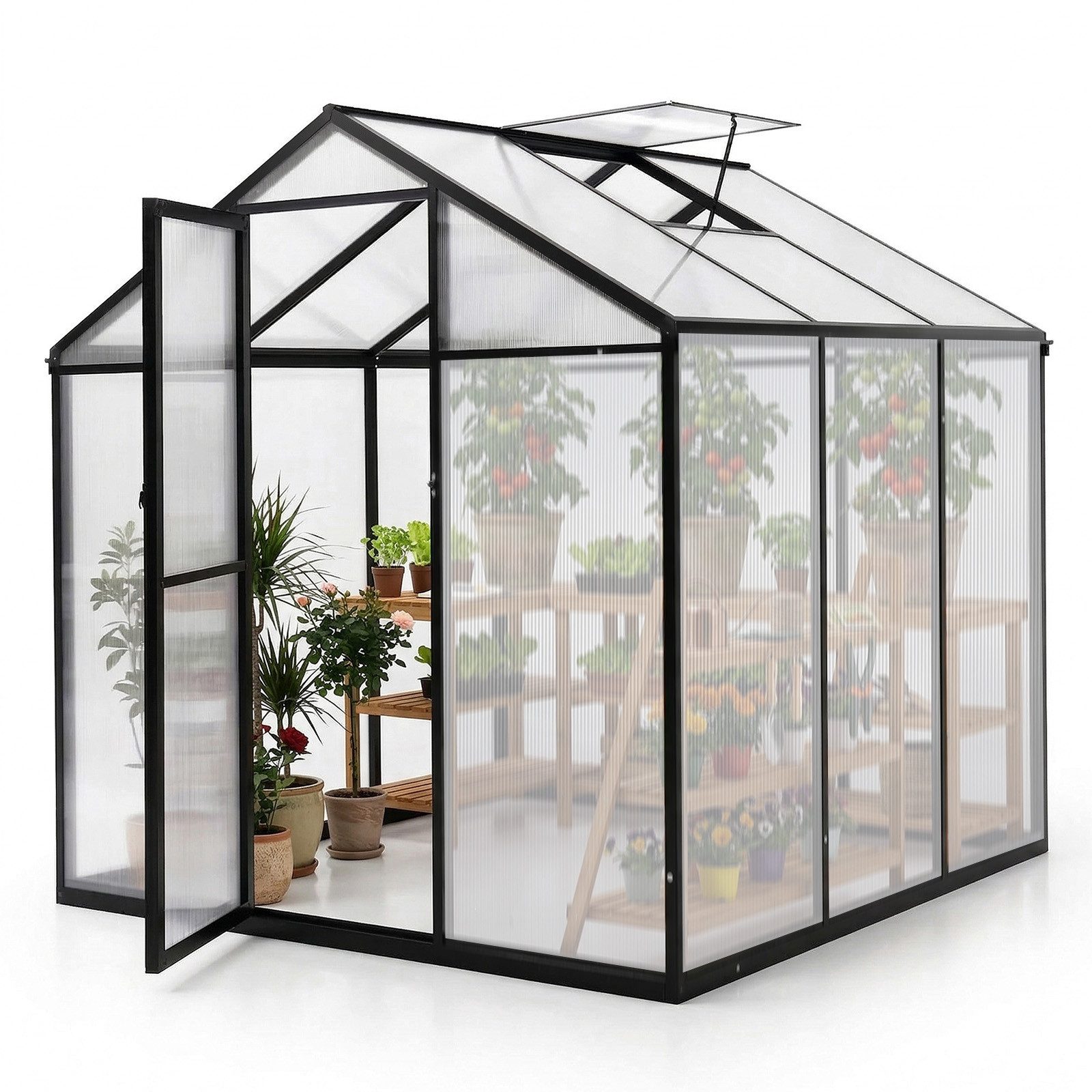 Sekey Gewächshaus Aluminium Treibhaus Garten Pflanzen Tomatenhaus wetterfest Schiebetür, 185x185x195cm, Hohlkammerplatten UV-stabilisiert Gartenhaus mit Griff