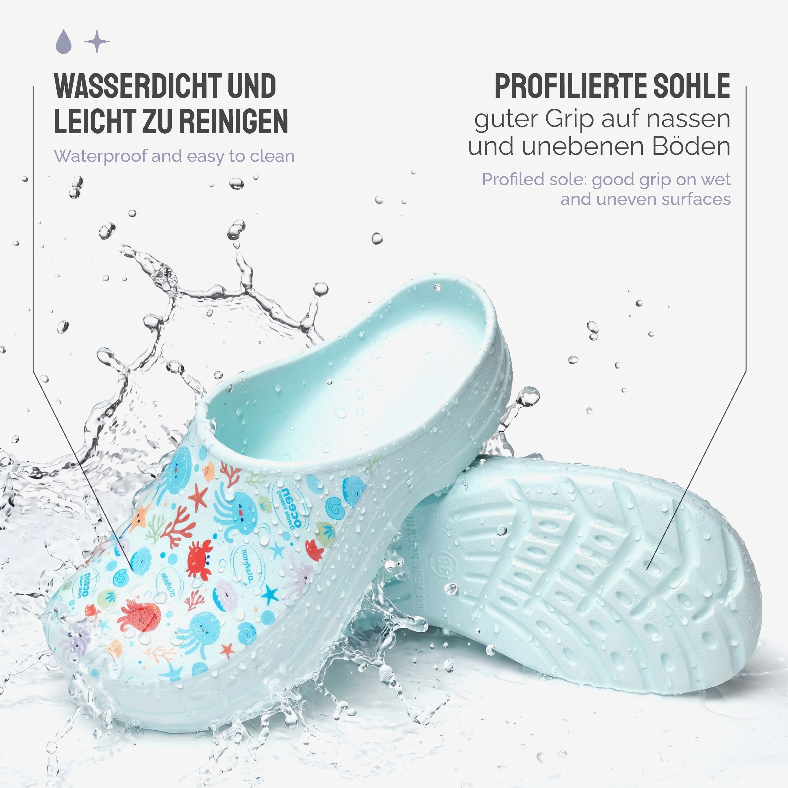 Ladeheid Gartenclogs für Damen Ultraleicht EVA Gemustert Gartenschuhe LA-CA-27 Clog (38 EU, Aquablau/Meeresmotiv) Wasserdicht & Flexibel