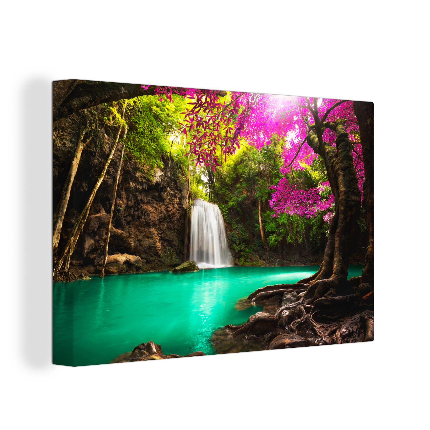 OneMillionCanvasses® Leinwandbild Wasserfall mit bunten Blumen und Bäumen - Natur - Dschungel, (1 St), Wandbild für alle Wohnbereiche, Gemälde, XXL, großes, 120x80 cm