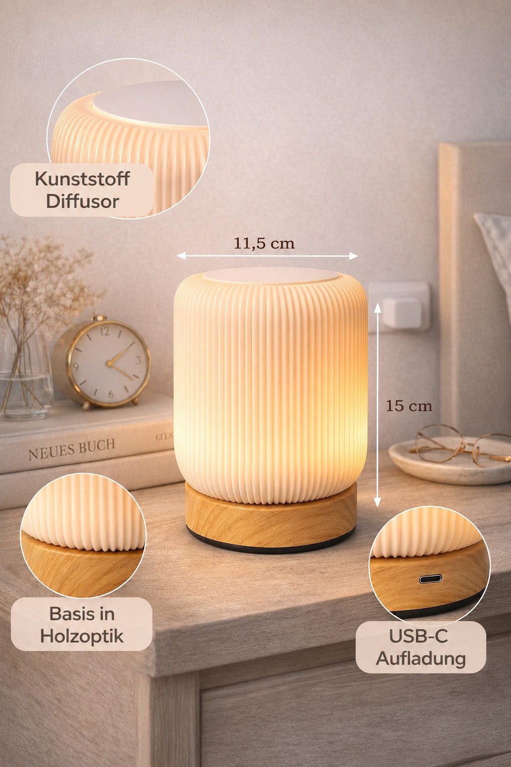 ibettertec LED Nachttischlampe LED Nachtlicht Nachttischlampe Touch-Lampe,USB,Dimmbar, LED fest integriert, stufenlos dimmbar, Soft-Light-Touch-Steuerung,Nachtl – Bild 5 von 5
