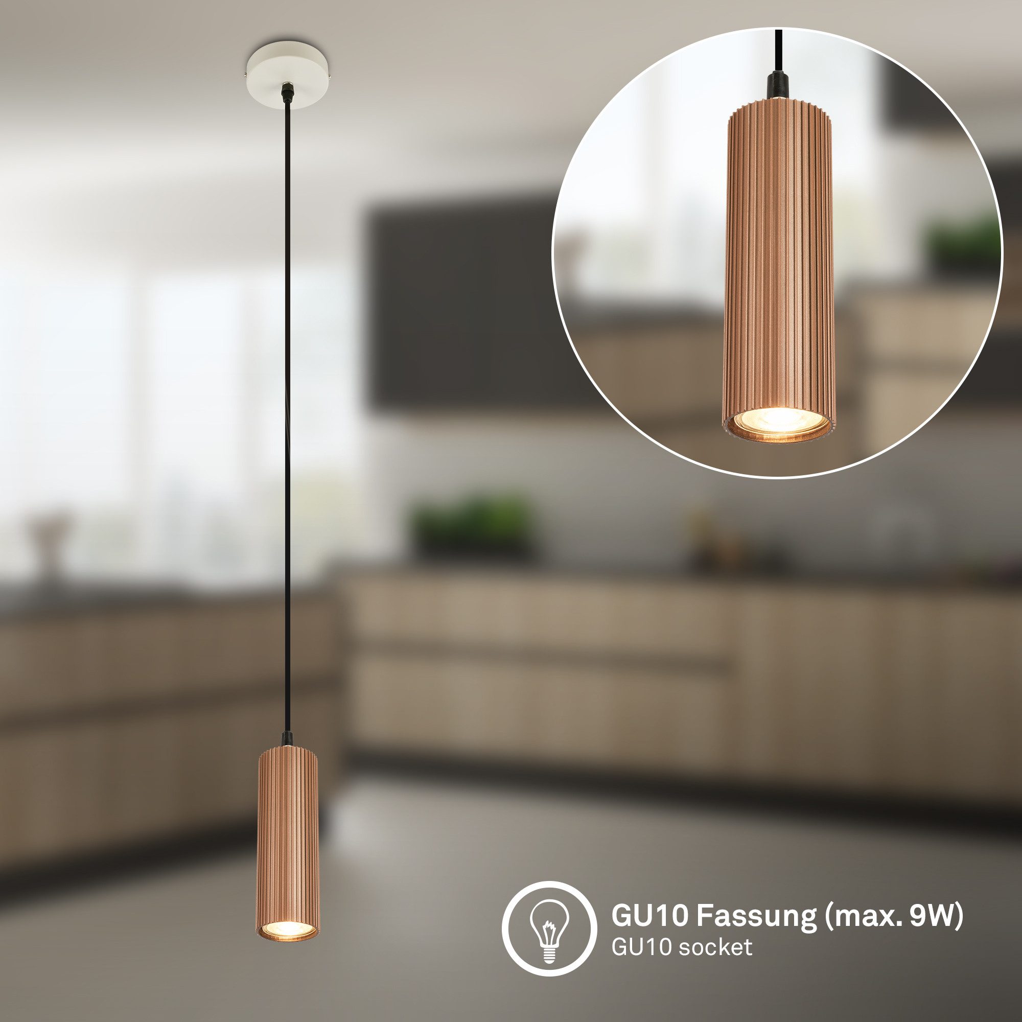 Briloner Leuchten LED Pendelleuchte Hängelampe Höhenverstellbar GU10 Riffle-Optik, 1-Flammig, ohne Leuchtmittel, Abhängig vom Leuchtmittel, 20x120 cm, Esszimmer, Esstisch, Wohnzimmer