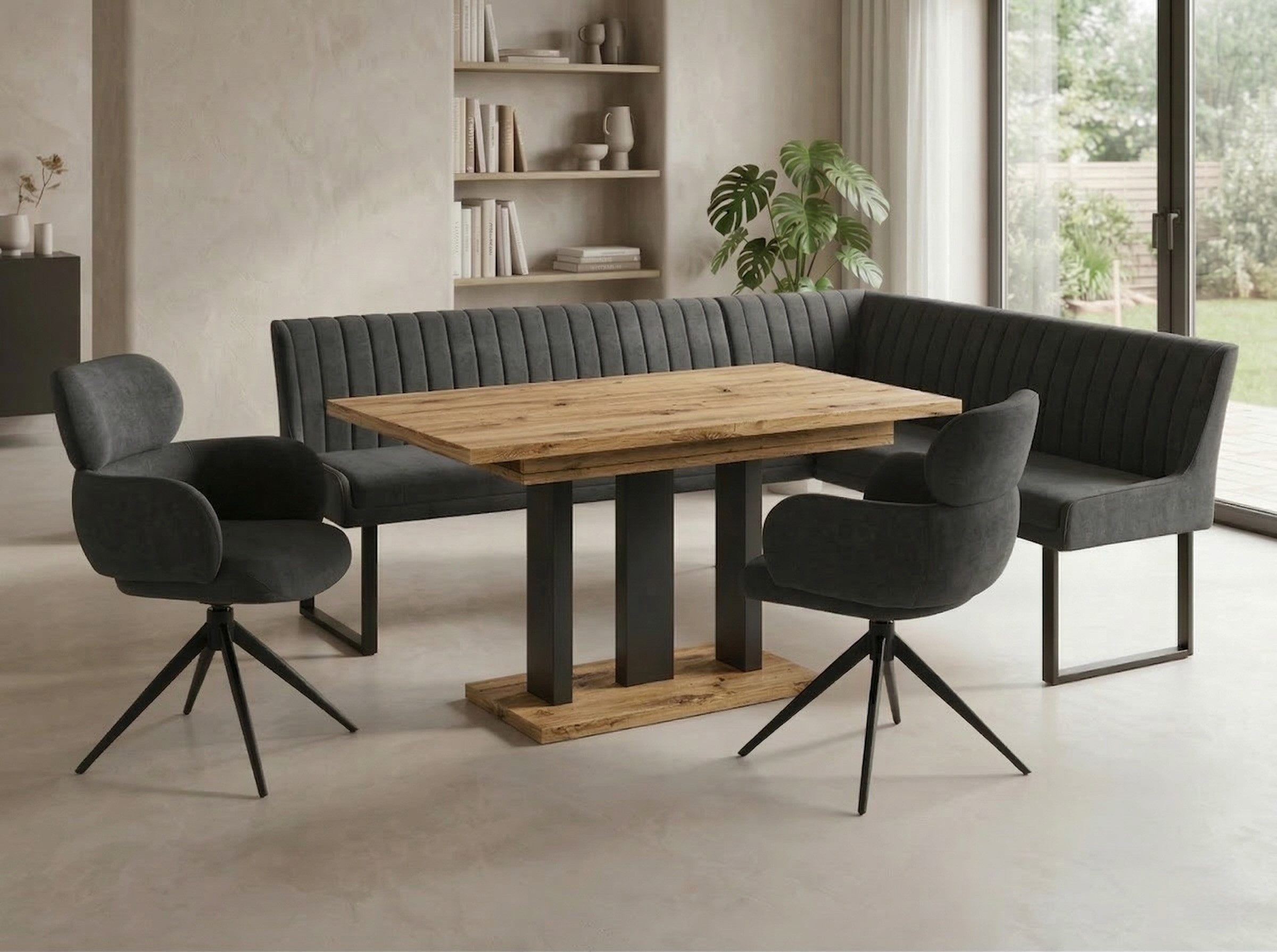 Endo-Moebel Eckbankgruppe Eckbankgruppe Esstisch ausziehbar 2 Stühle Eckbank Farbauswahl Set, (Eckbankgruppe, Eckbankgruppe inklusive Eckbank, Tisch und 2 Drehstühlen), Chenille 310 g/m², 360° Drehstühle, Auto-Return, Synchronauszug
