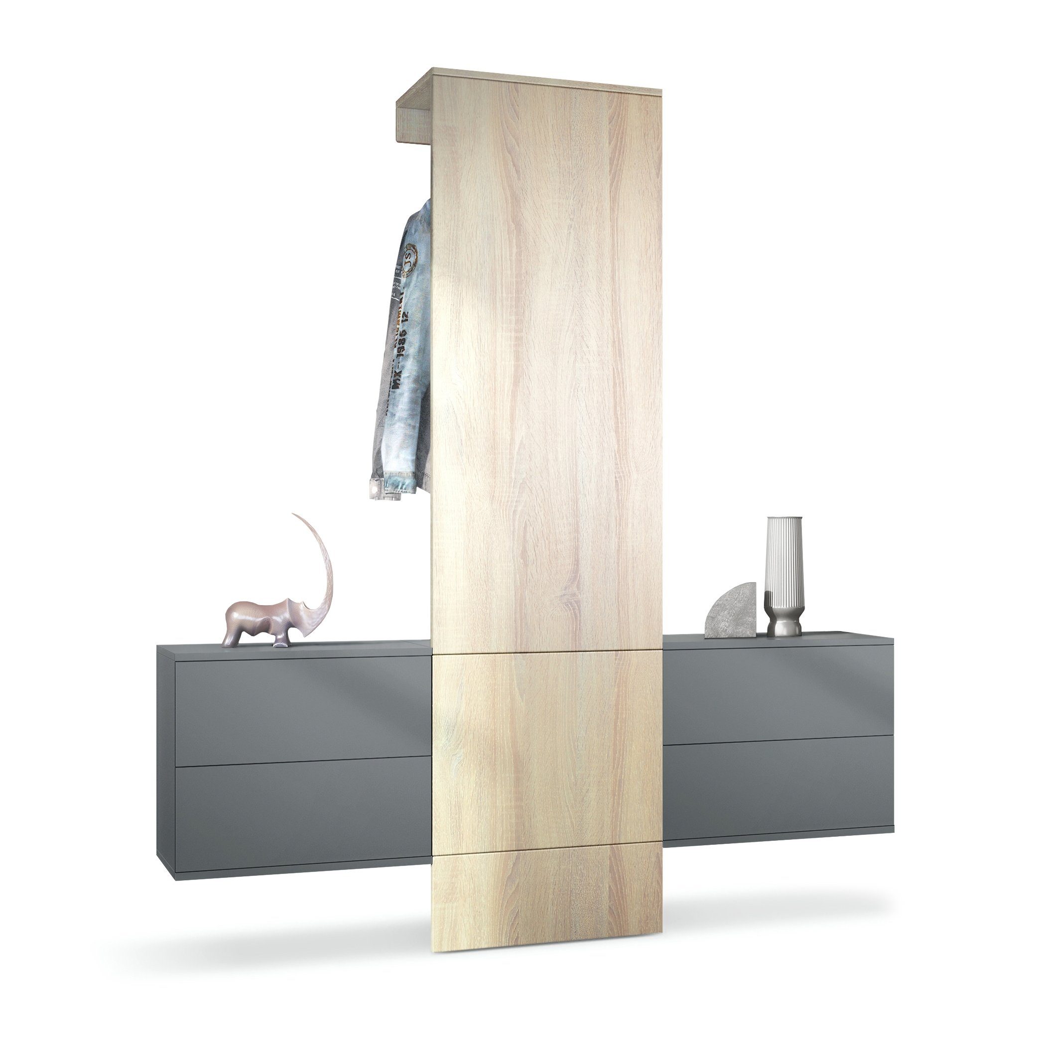 Vladon Garderoben-Set Carlton Set 3, (Wandgarderobe bestehend aus, 1 Paneel und 2 Schubkastenschränke), Anthrazit matt/Eiche sägerau (157 x 193 x 35 cm)