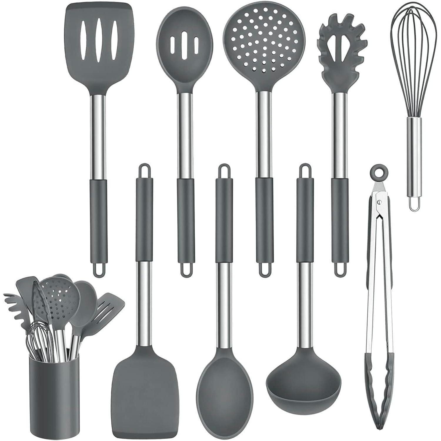 Kochbesteck-Set Küchenhelfer Silikon 10teilig Edelstahlgriff Hitzebeständig Grau