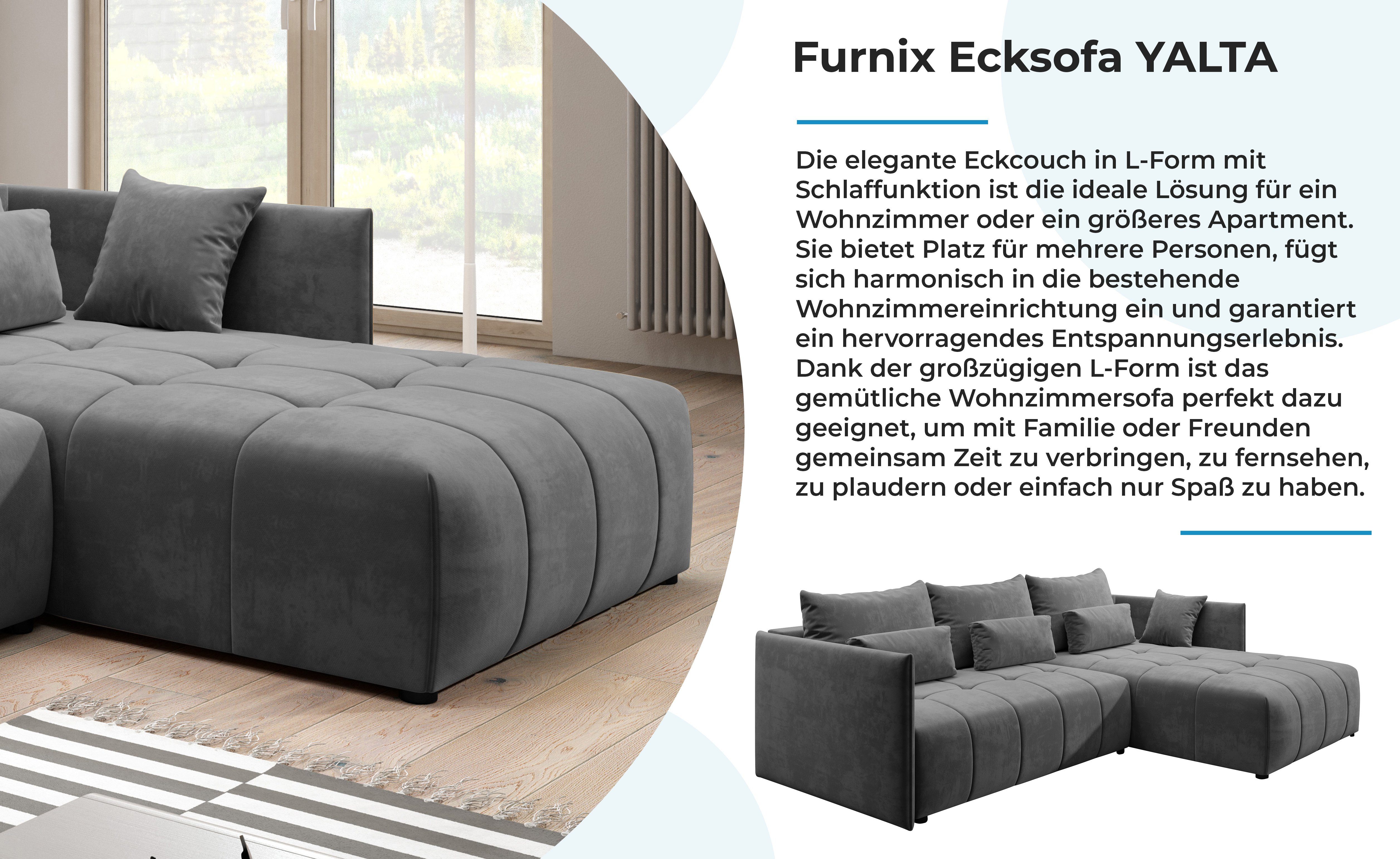 Couch Kissen, Bettkasten mit EN24 YALTA Made in ausziehbar Ecksofa Europe Schlafsofa und Dunkelgrau Furnix