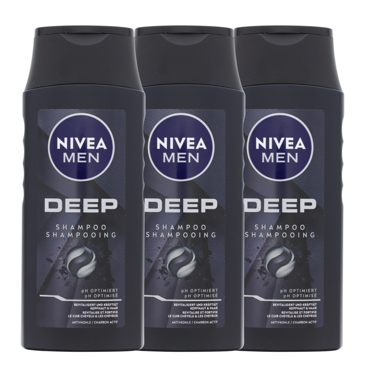 Haarshampoo 3x NIVEA MEN Deep Shampoo mit Aktivkohle revitalisierende Tiefenreinig