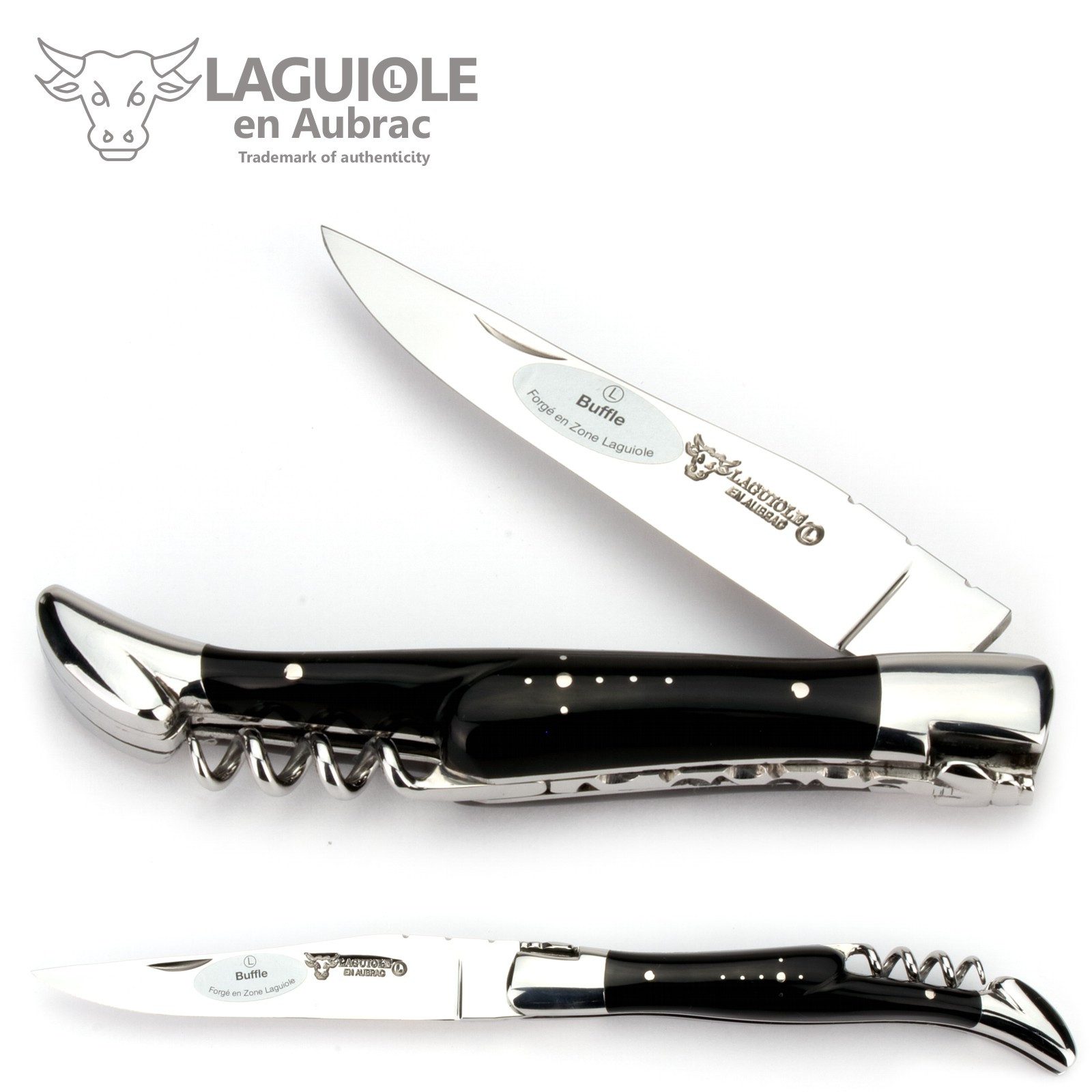 Laguiole en Aubrac Taschenmesser L0312BUIF, Griff 12cm Büffelhorn - Feder verziert - Korkenzieher - Stahl glänzend