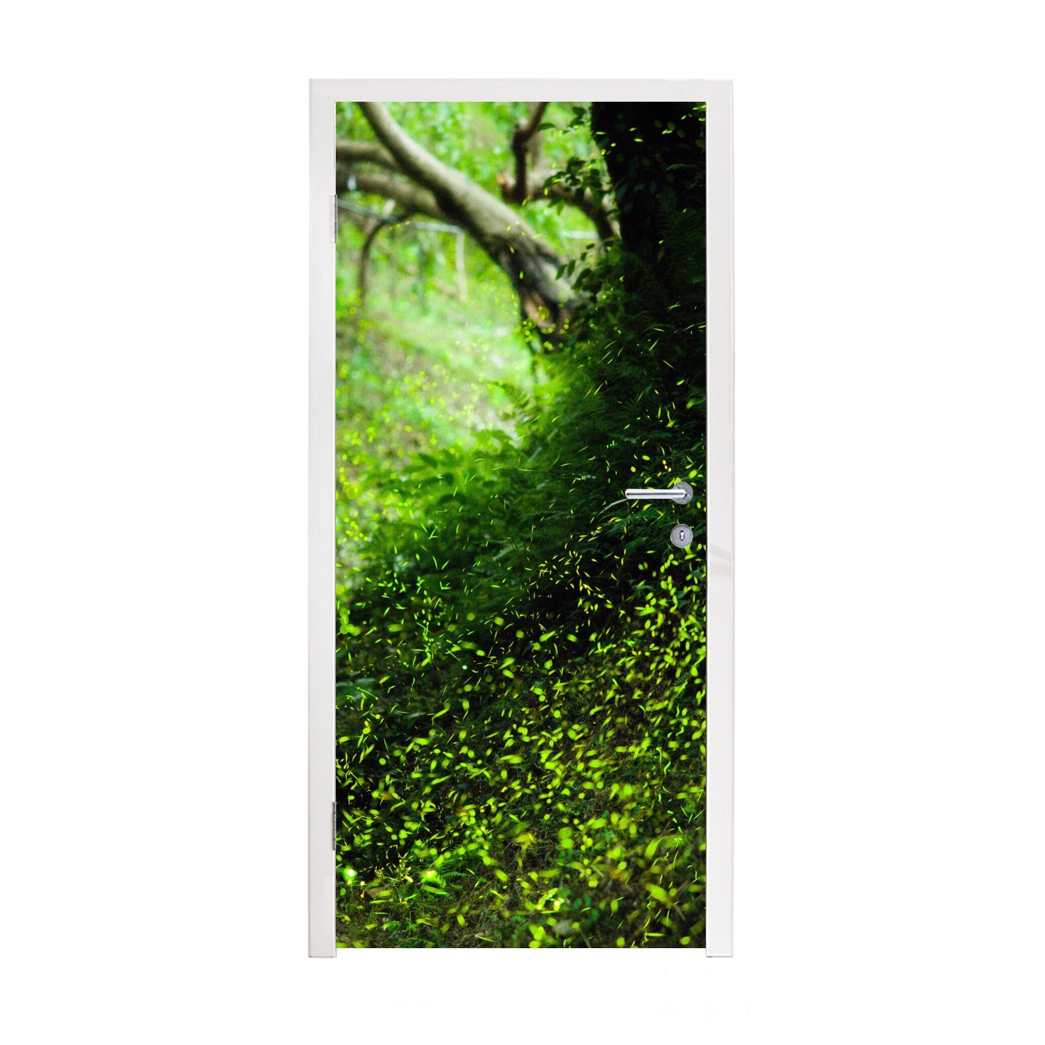 MuchoWow Türtapete Glühwürmchen in einer grünen Landschaft während der Tageslichtstunden, Matt, bedruckt, (1 St), Fototapete für Tür, Türaufkleber, 75x205 cm