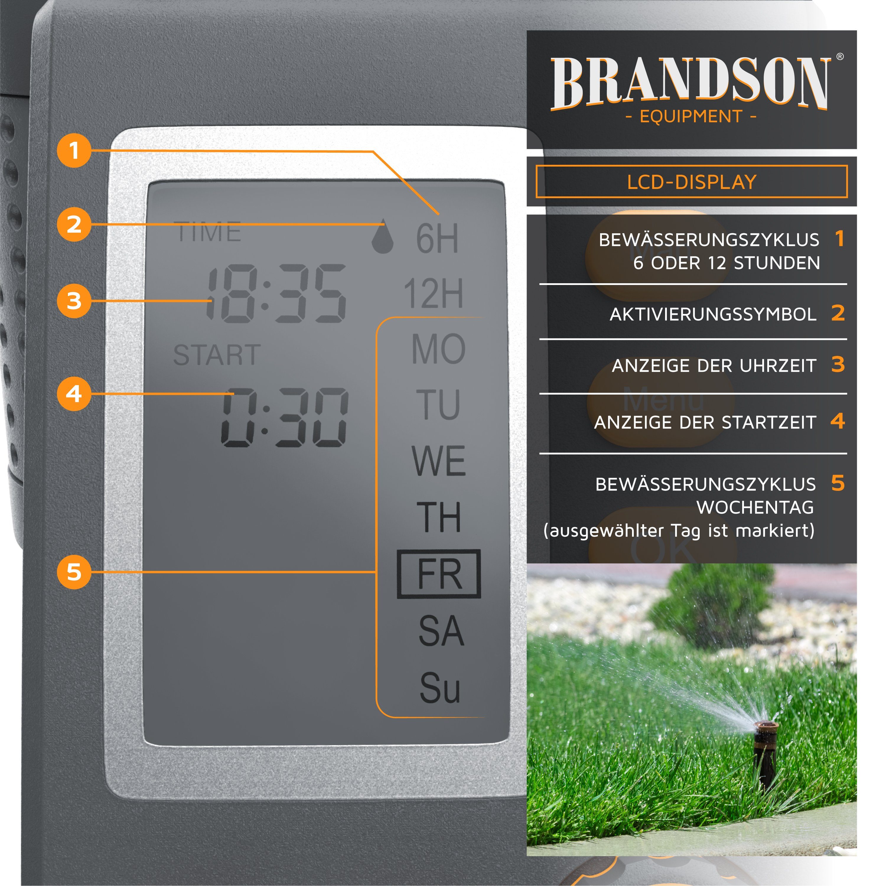 Brandson Bewässerungssteuerung Bewässerungscomputer, Wasserzeitschaltuhr Bewässerungsuhr, LED Display, Digital, Bewässerungsprogramm 1 – 240 Minuten, zyklische Bewässerung