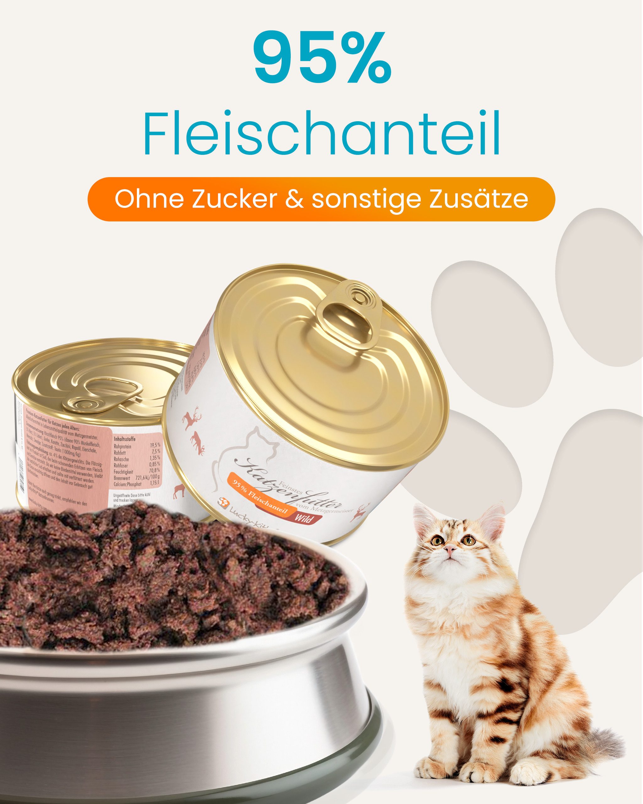 Lucky-Kitty Katzenfutter Wild, 95% Hirsch, getreidefrei, hypoallergen 4x200g, Nassfutter für: Katzen, Ohne Getreide, Zucker oder Füllstoffe, Monoprotein