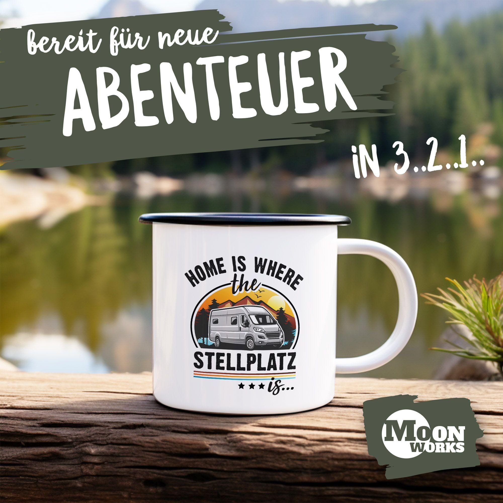 MoonWorks Tasse Emaille-Tasse Camping Home is where the Stellplatz is Geschenke für, Metall, emailliert und mit Aufdruck
