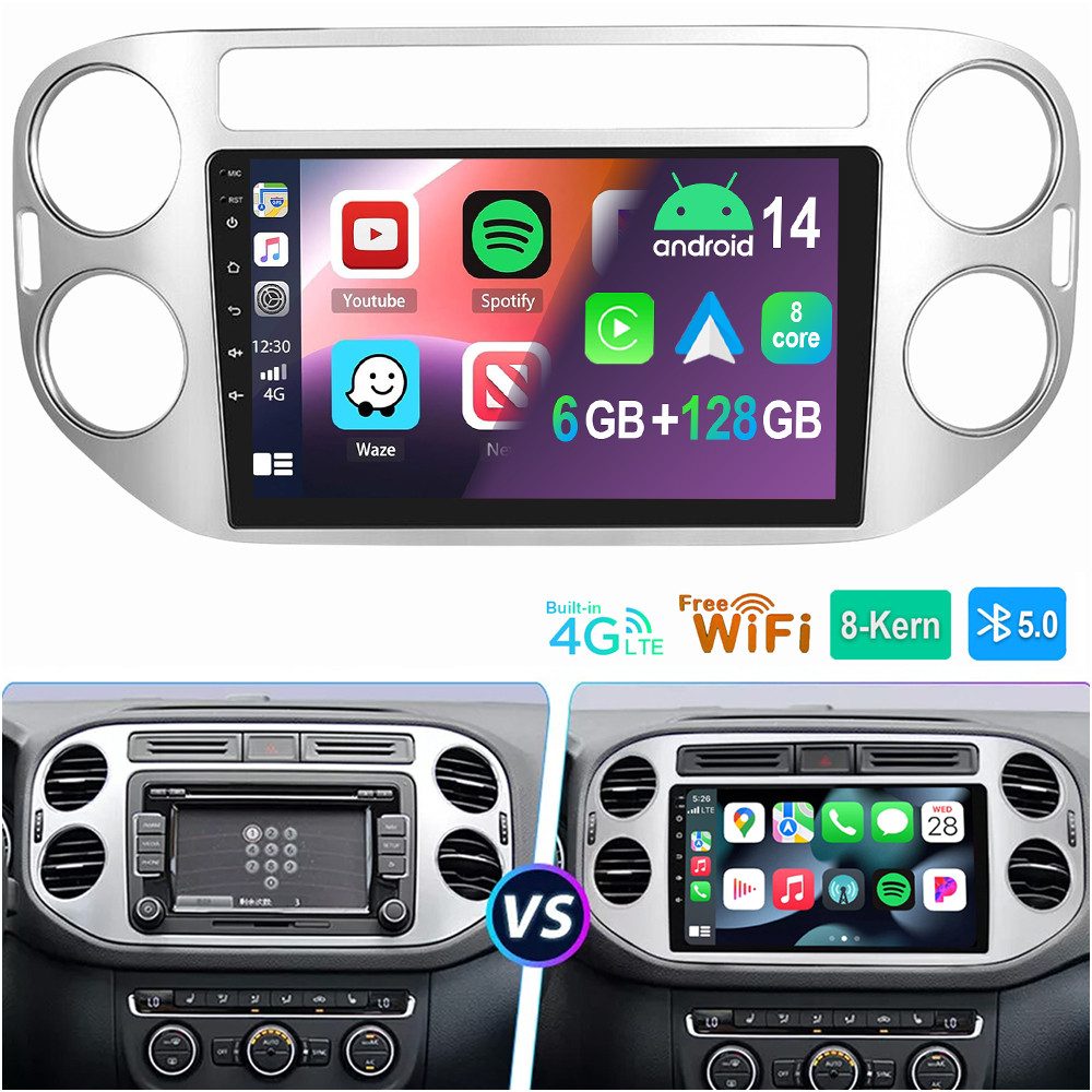 ESSGOO Für VW Tiguan 5N 2010-2016 6+128GB 8-Kern 4G LTE Autoradio (RDS, Digitalradio (DAB), FM, AM, Apple Carplay Android Auto Navi WIFI BT SWC 4G LTE)