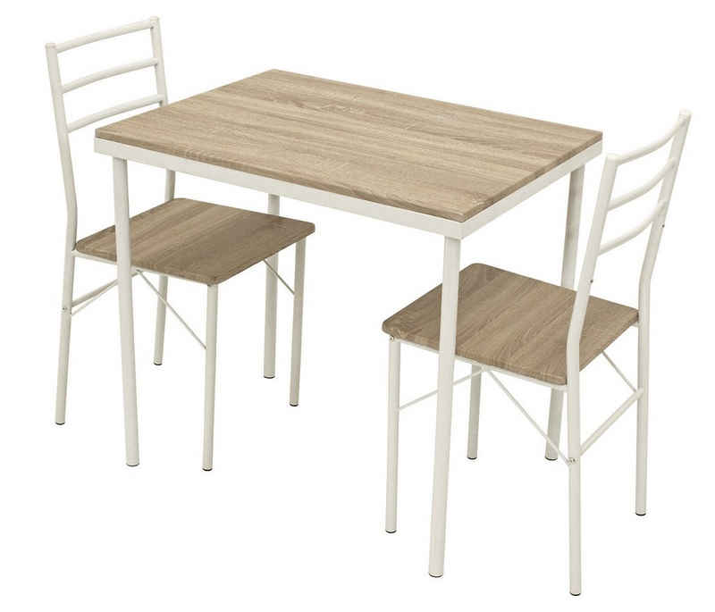 DEGAMO Essgruppe KÖLN, (3-tlg), (2x Stuhl, 1x Esstisch), Gestell Stahlrohr weiß beschichtet, Tischplatte und Sitzflächen in Sonoma Oak (Eiche) Dekor