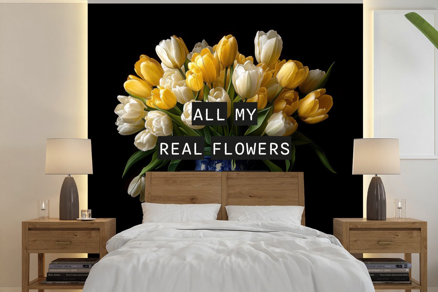 MuchoWow Fototapete Zitate - Blume - Tulpe - Gelb, Matt, bedruckt, Vliestapete für Wohnzimmer Schlafzimmer Küche, Fototapete, 220x220 cm