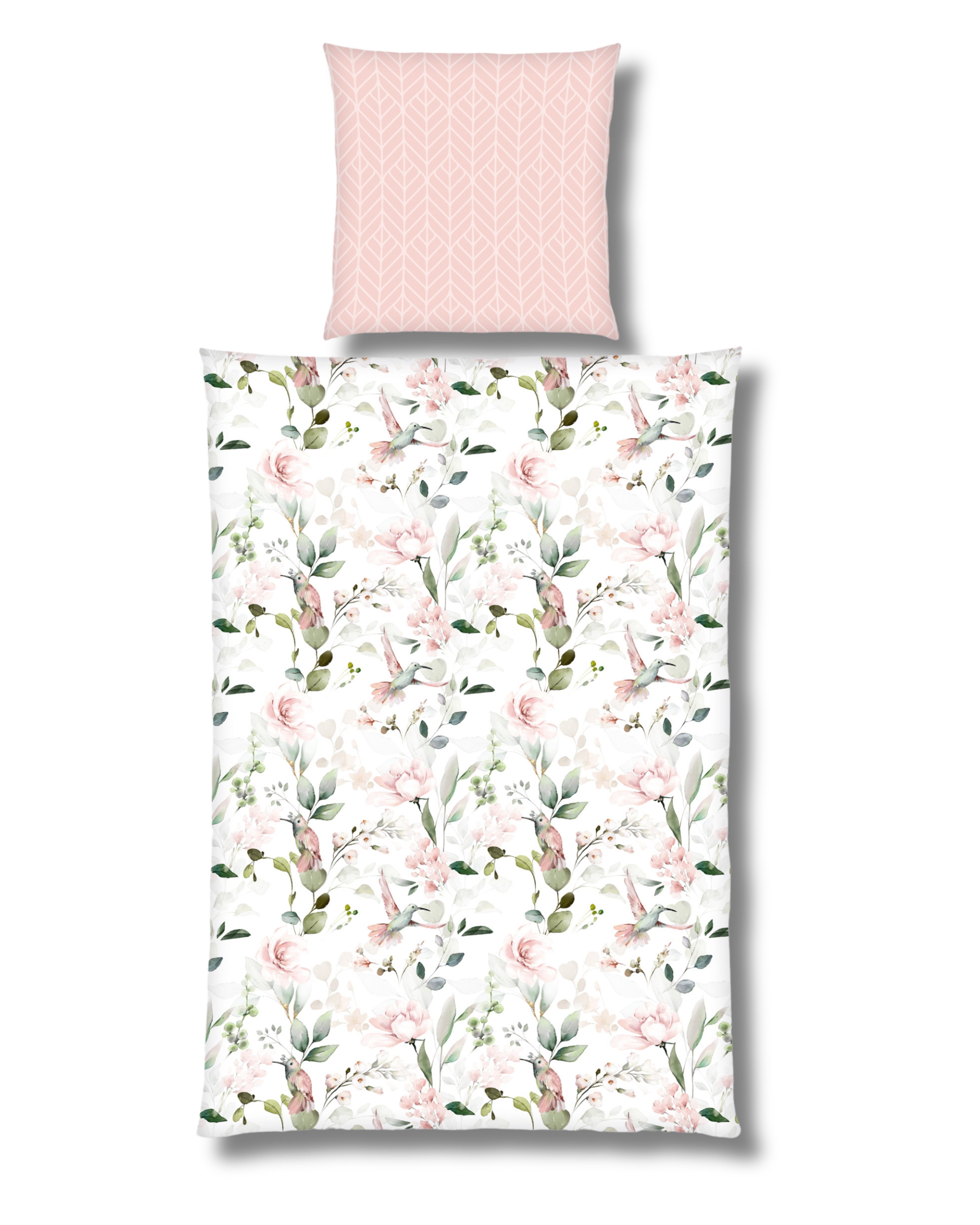 MTOnlinehandel Wendebettwäsche Kolibri & Blumen- Rosa, Microfaser, 2 teilig, Weich, pflegeleicht & ideal für den Frühling