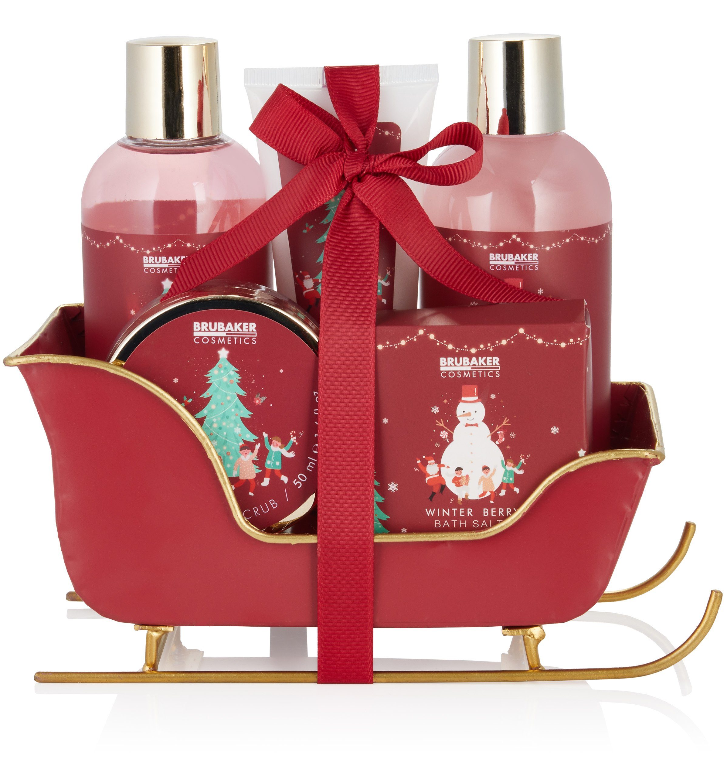 in Rot Badeset, Hautreinigungs-Set Beeren mit für Wellness Damen, Winter Duft Beauty 6-tlg., Pflegeset Frauen Weihnachten und Geschenkset Dusch- BRUBAKER Schlitten,