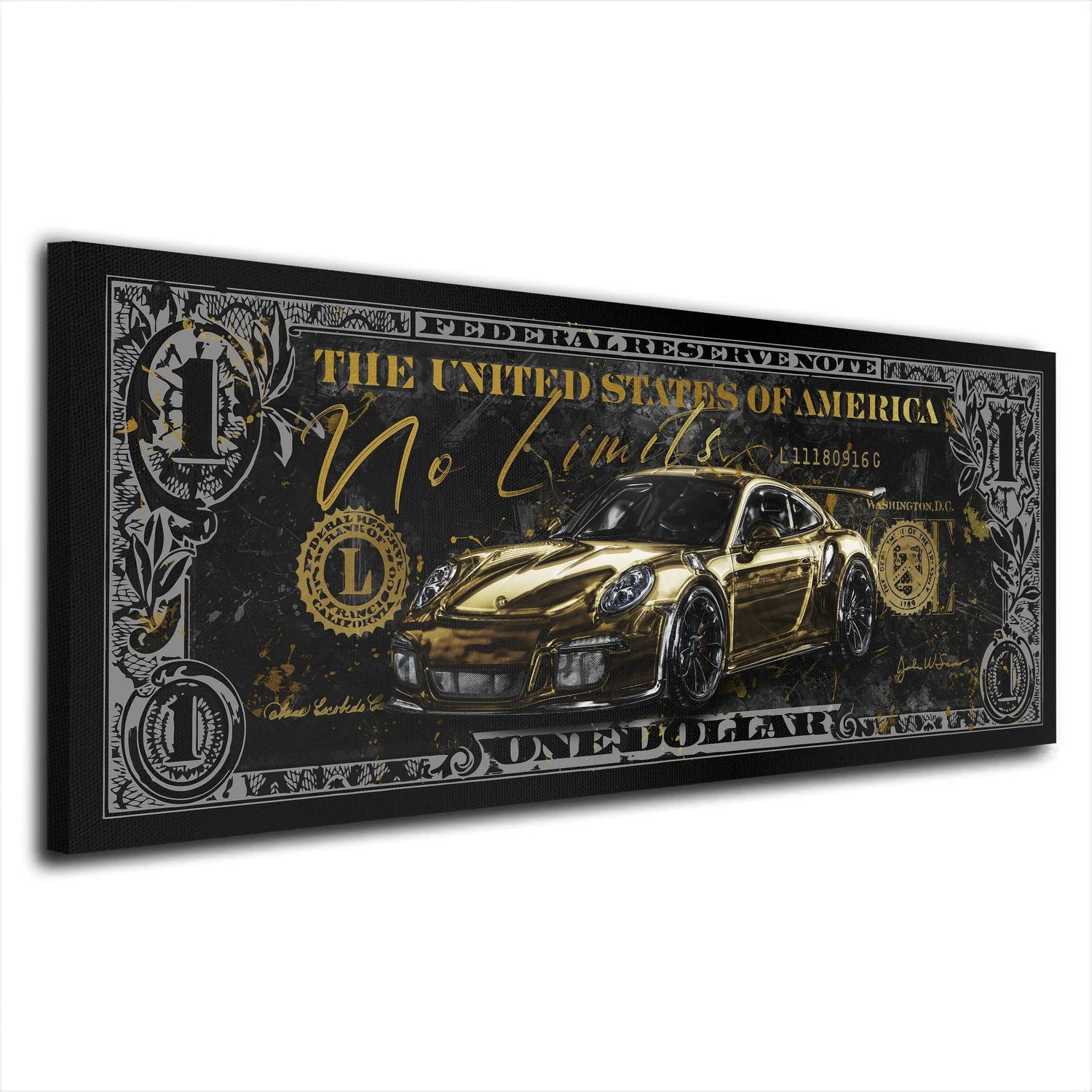 Artedinoi Leinwandbild Sportwagen Gold No Limits Dollar Leinwandbild Wandbild XL Deko, Sportwagen mit Geld-Motiv