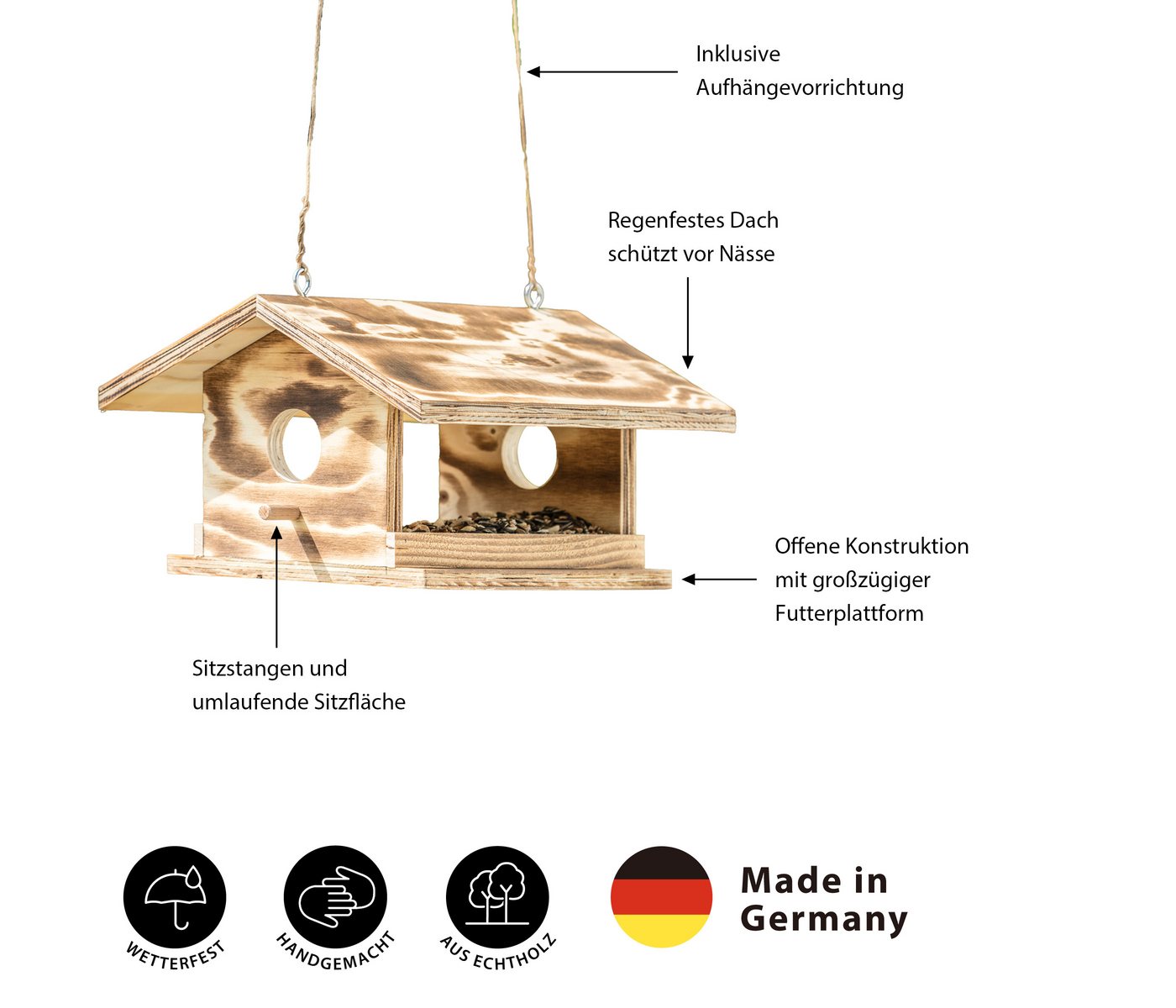 Thumbnail - Dehner Vogelhaus Natura Futterhaus Arber, 30.5 x 19 x 28 cm, für Wildvögel, hängend, aus Holz, Farbe braun