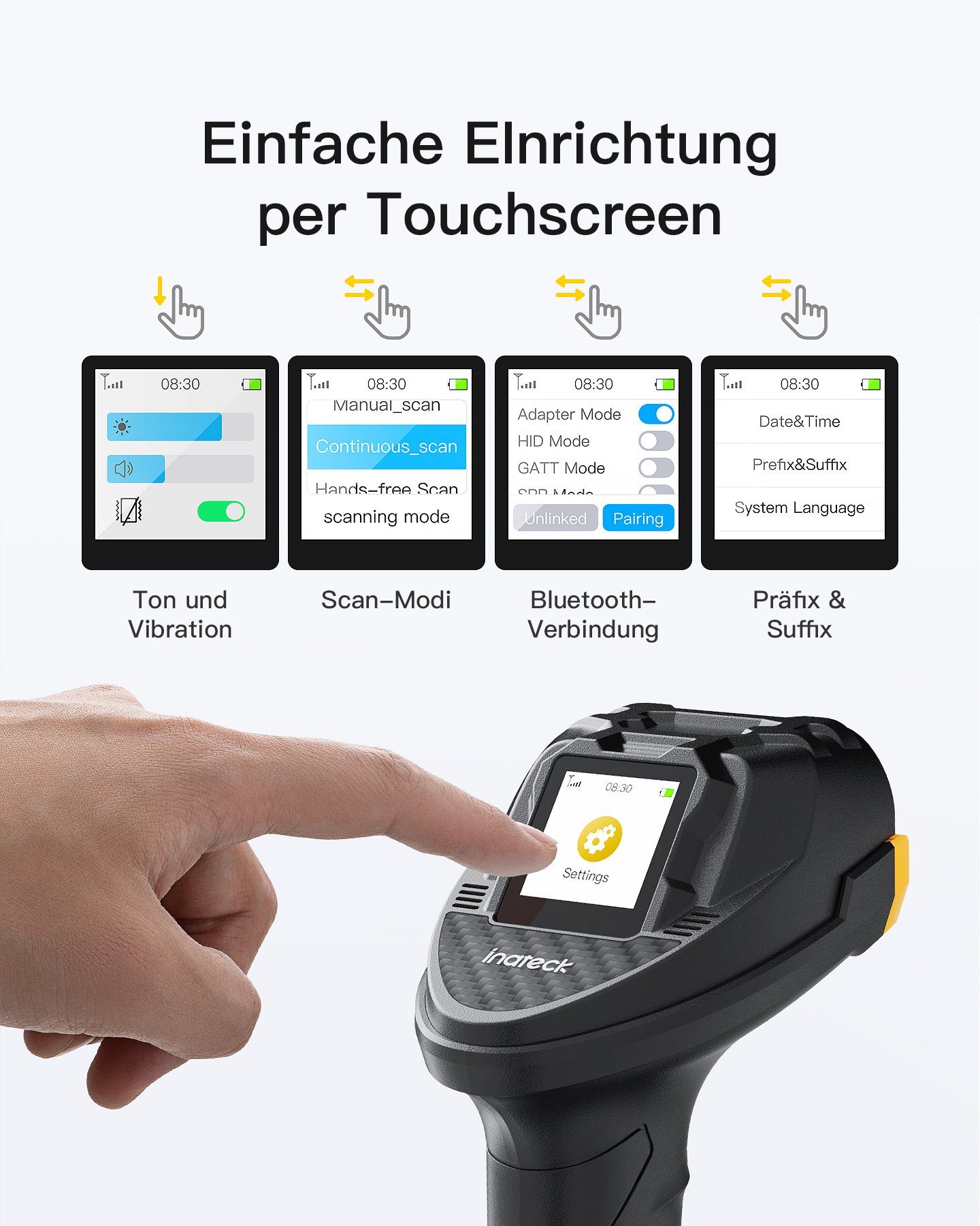 Inateck 1D/2D QR Wireless Barcode Scanner, mit Touchscreen Handscanner, (CMOS+CCD Dual Module, Größere Reichweite, Unterstützt App SDK)