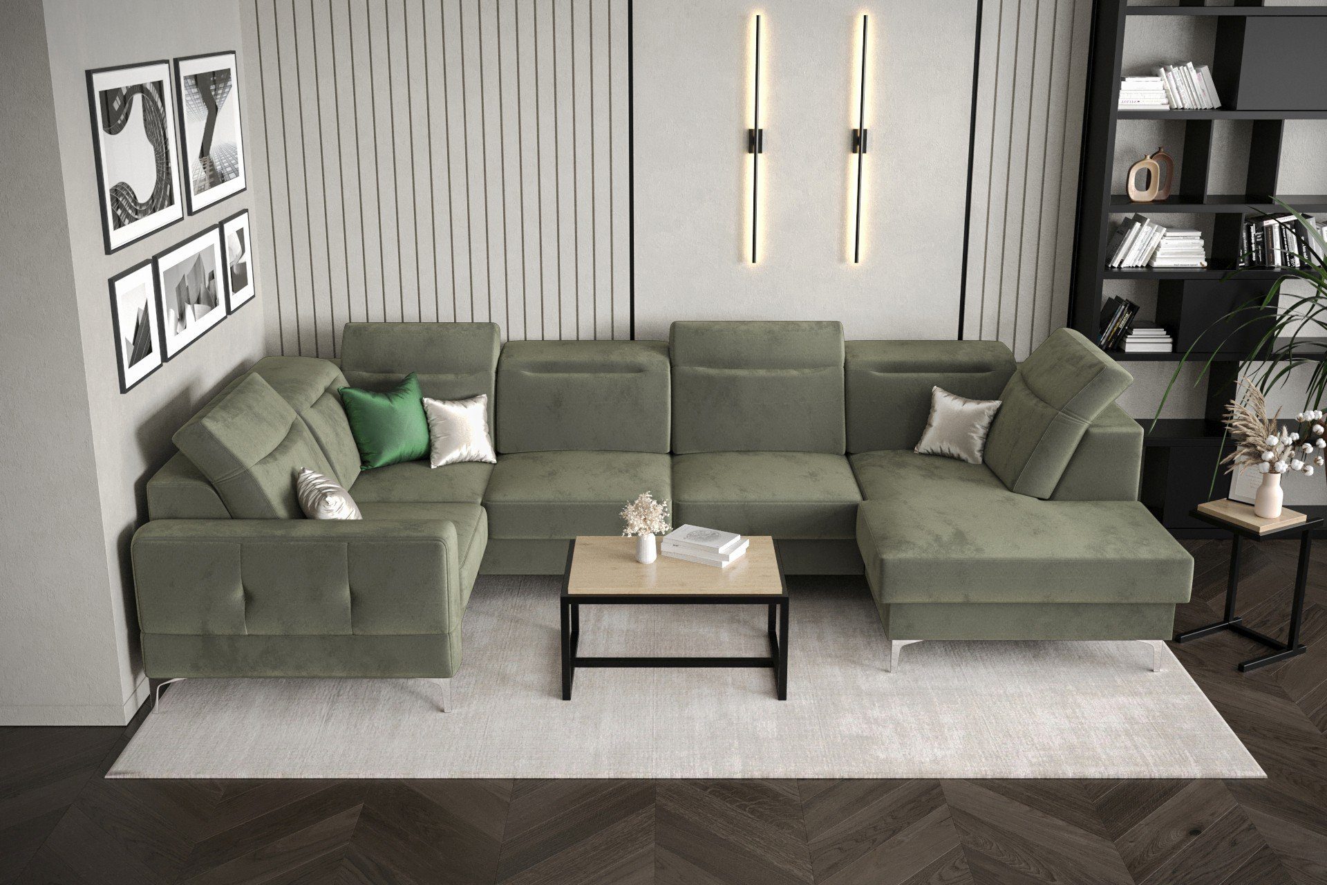 Möbel für Dich Wohnlandschaft Ecksofa in U-Form Malibu Max2 mit Bettkasten und Schlaffunktion Veloursstoff Element 11 Olivengrün