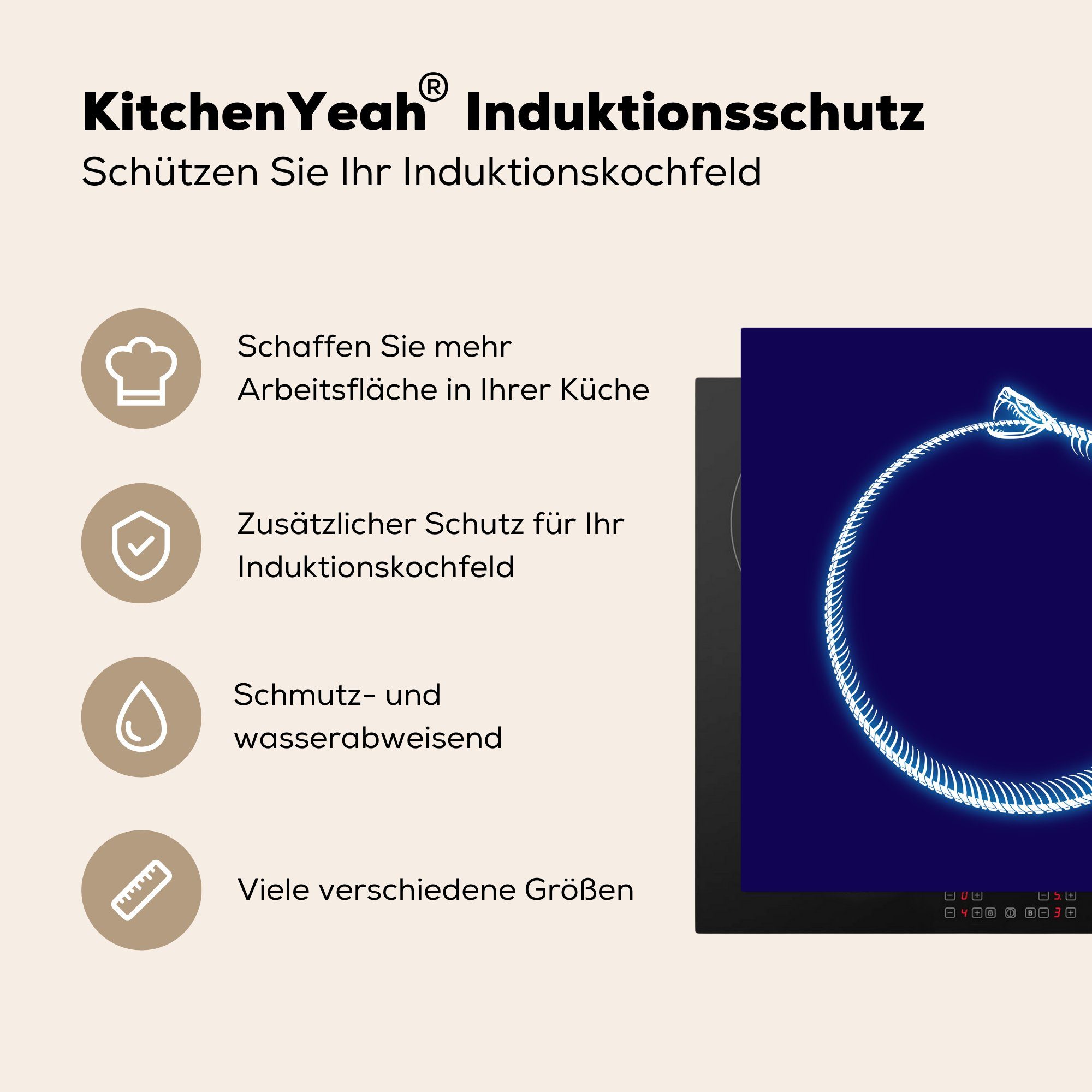 Illustration dem MuchoWow Vinyl, Ceranfeldabdeckung, Herdblende-/Abdeckplatte für Arbeitsplatte Skelett eines einer küche tlg), cm, Ouroboros Schlange, 78x78 mit (1