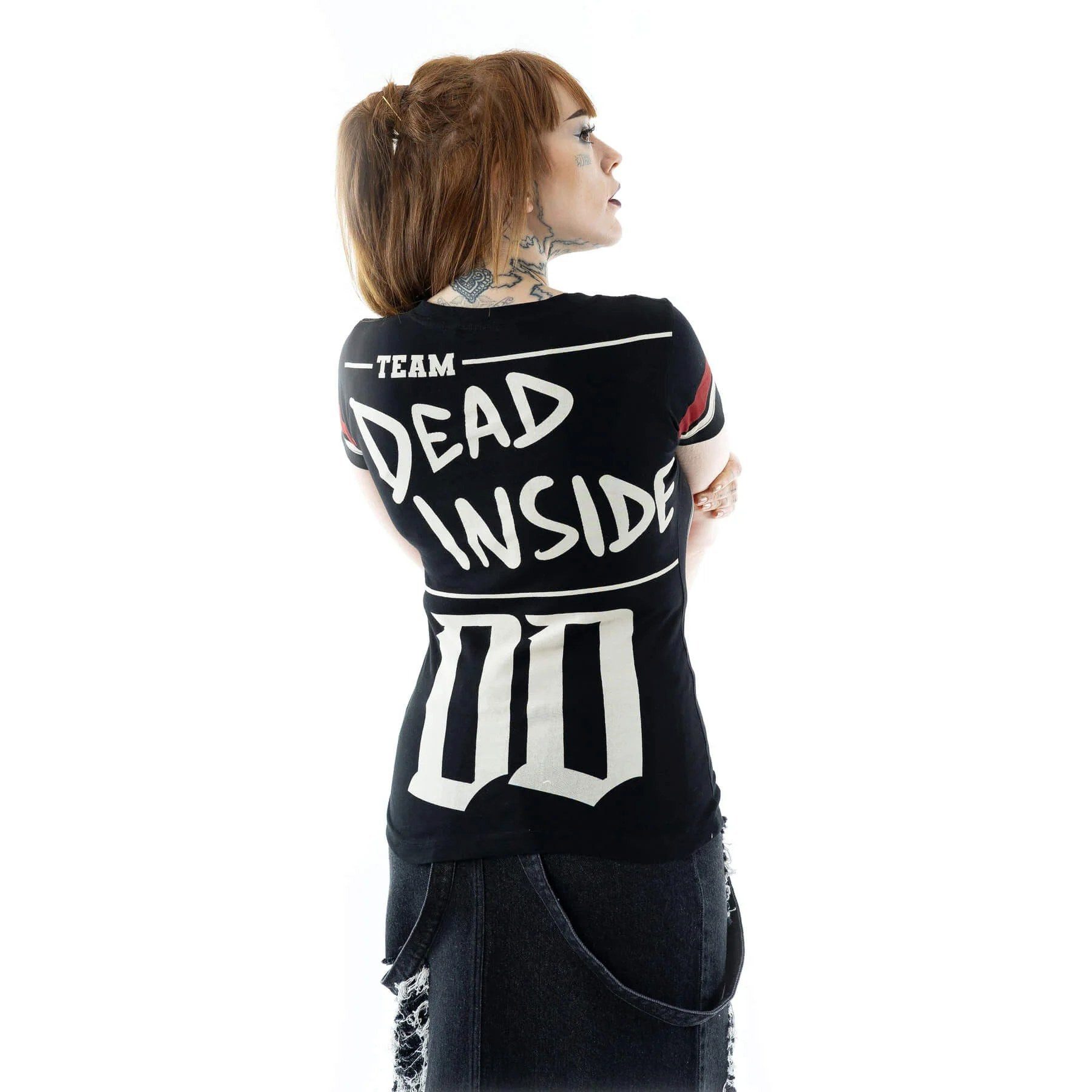Heartless Print-Shirt Team Dead Inside Varsity T-Shirt Fledermaus – Schwarz- Heartless Gothic Shirt Anime aus Baumwolle mit Print