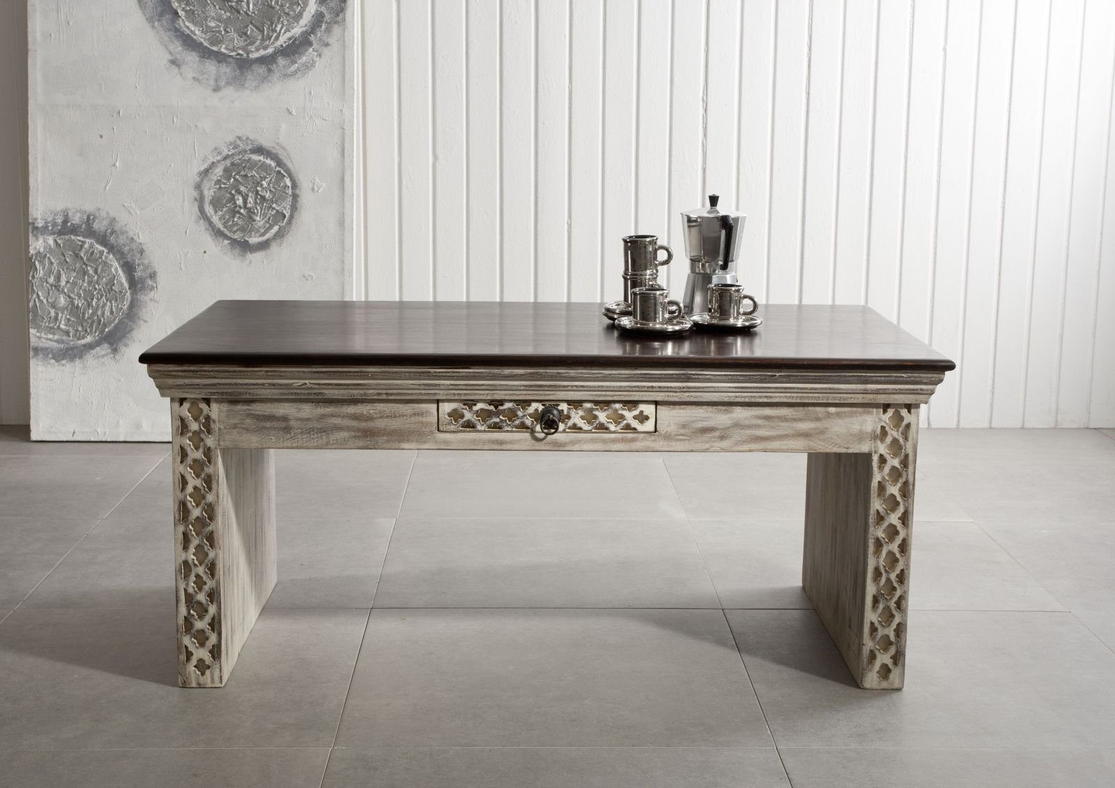 Massivmoebel24 Couchtisch CASTLE-ANTIK (Sofatisch Truhe 115x60 aus massiver Mango u. Akazie in braun u. weiß)