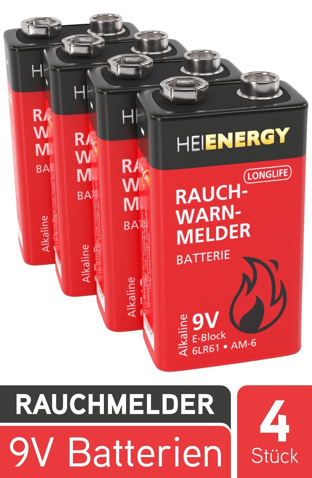 HEITECH 4x Rauchmelder Batterie 9V Block langlebig & auslaufsicher Batterie, (4 St)