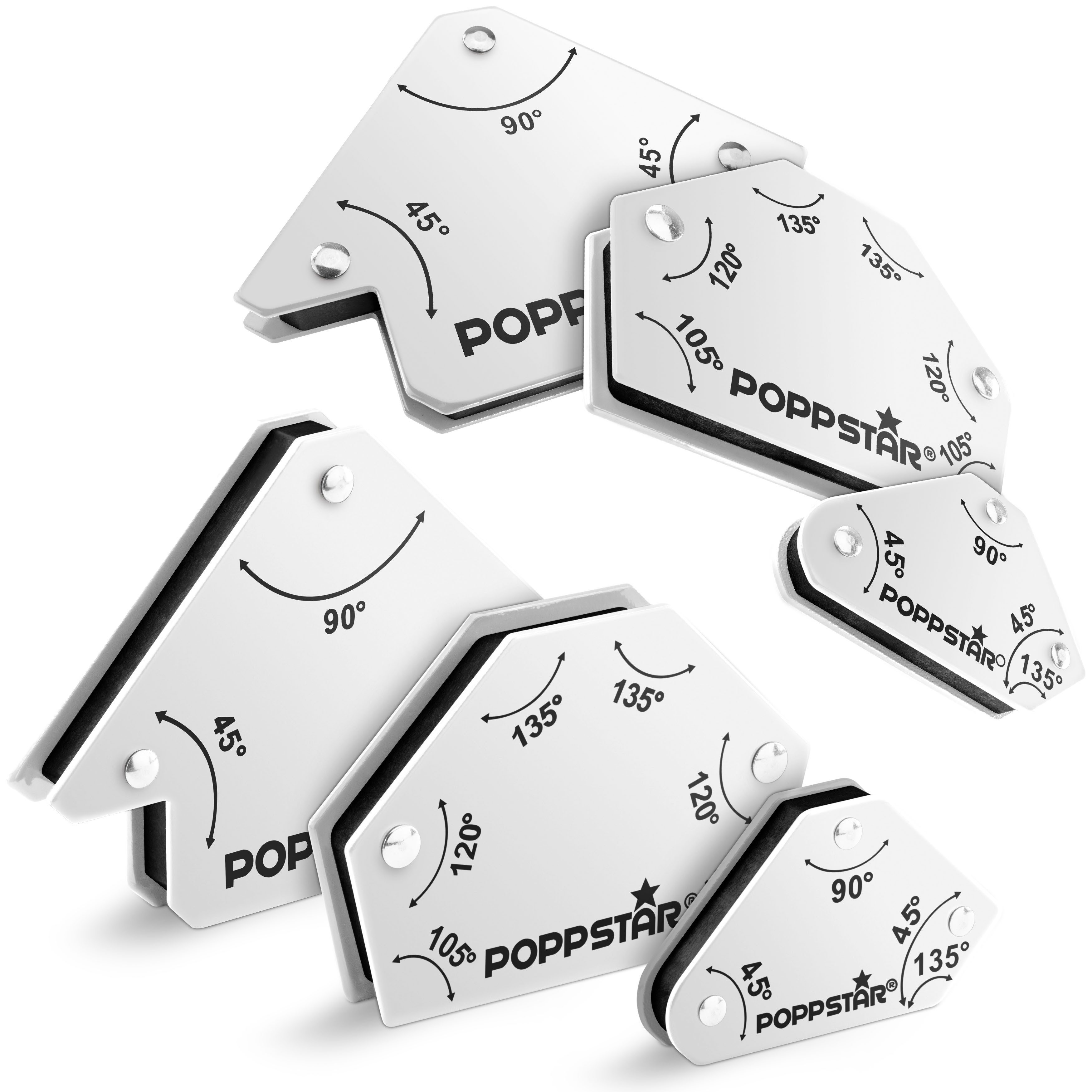 Poppstar Magnet Schweißmagnet-Set (Winkel 45°, 90°, 135°, 30°, 60°, 75) (6-St), 2x Magnet-Schweißwinkel klein, 2x Magnetwinkel groß, 2x Multiwinkel