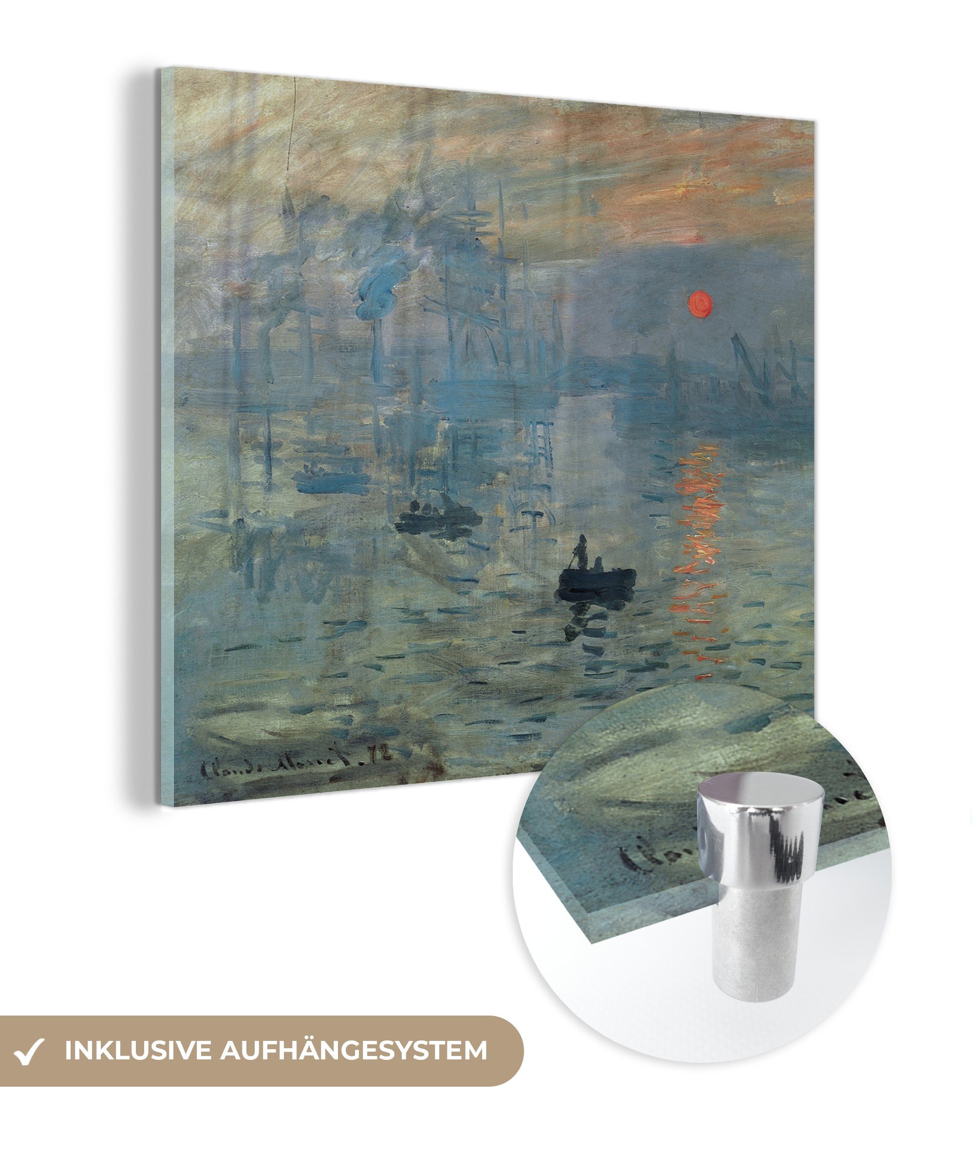 MuchoWow auf Monet, Impression, Glas Acrylglasbild Sonnenaufgang St), Claude Wandbild Foto auf - Glasbilder Glas (1 - - - Bilder Wanddekoration