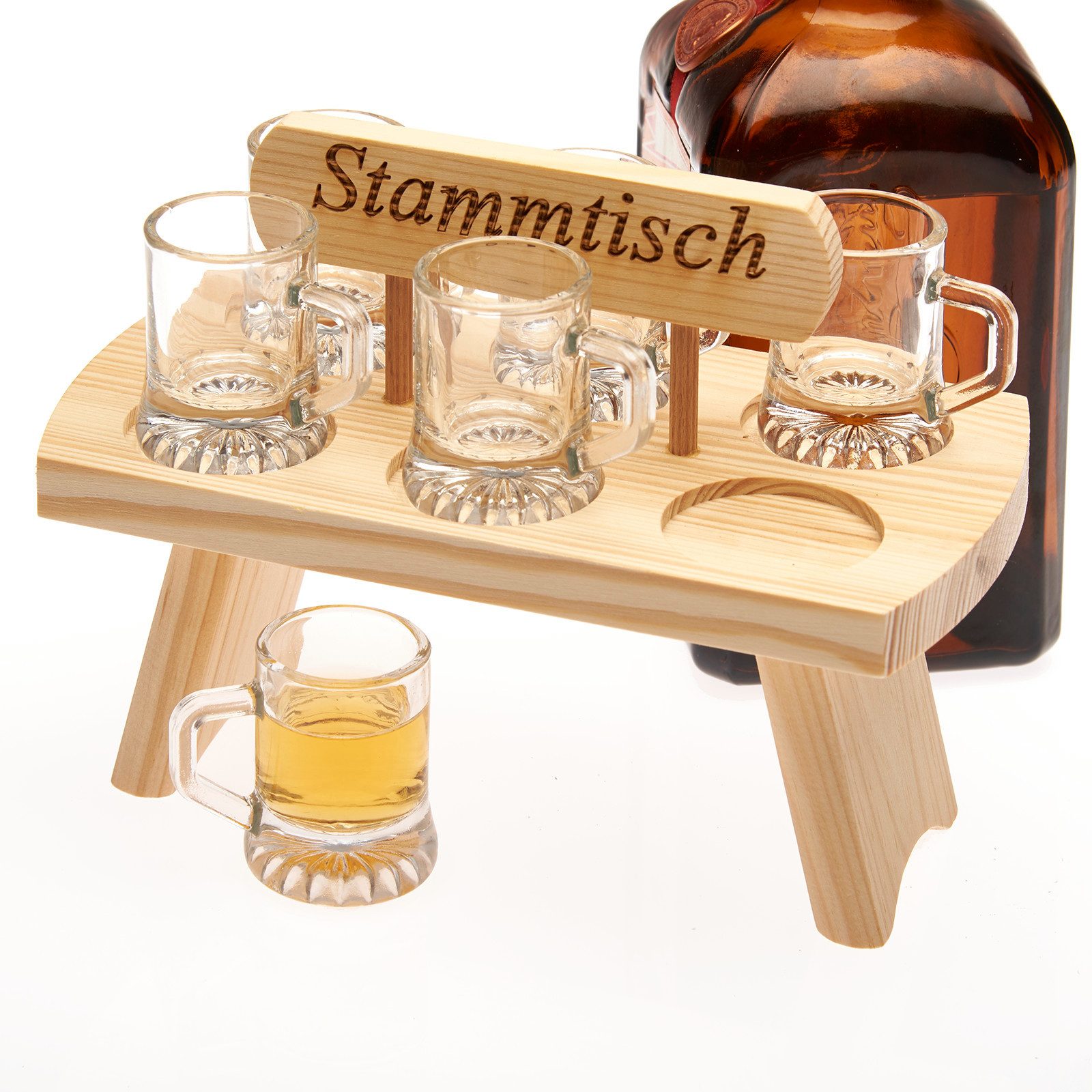 Smart-Planet Schnapsglas Schnapstablet aus Holz mit 6 Shotgläser mit Aufschrift, Gläser sind spülmaschinenfest, Aufschrift "Stammtisch"