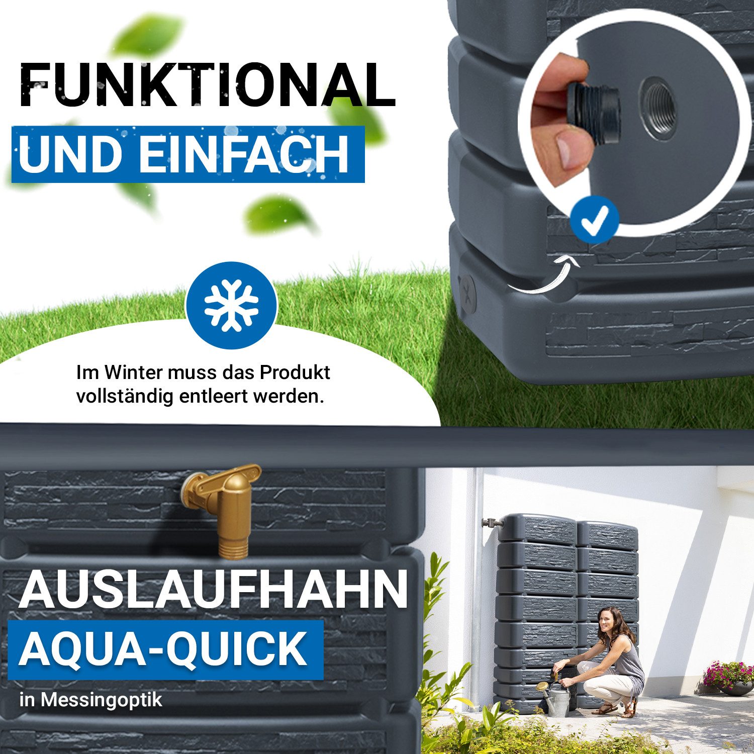 4rain Regentonne SLIM STONE DECOR Wandtank-Set 1000 L graphite grey, 1000 l – Bild 5 von 5