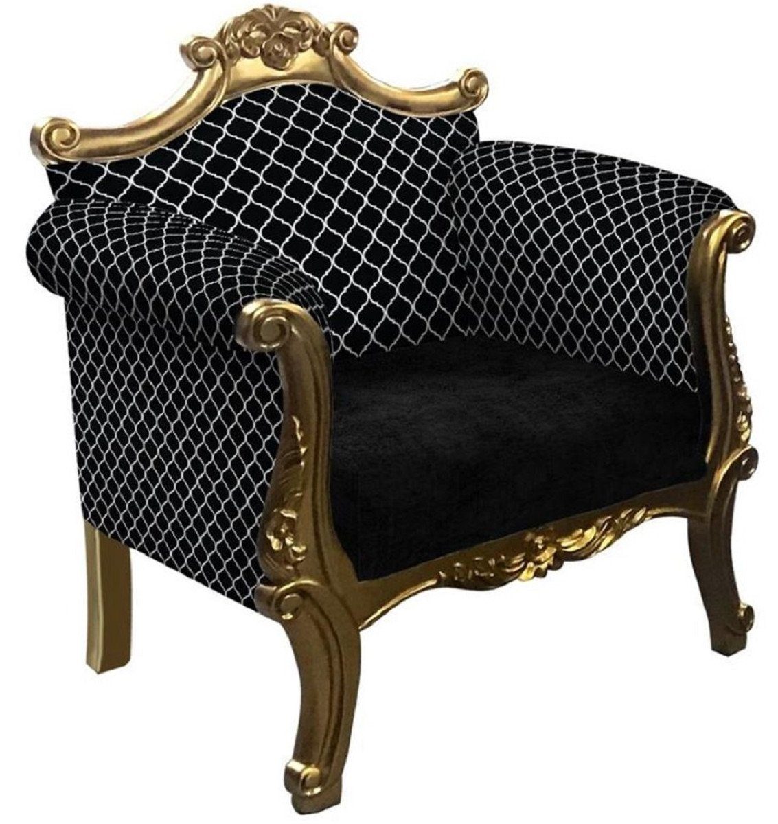 Casa Padrino Sessel Barock Sessel mit Muster Schwarz / Silber / Gold - Handgefertigter Wohnzimmer Sessel im Barockstil - Barock Wohnzimmer Möbel