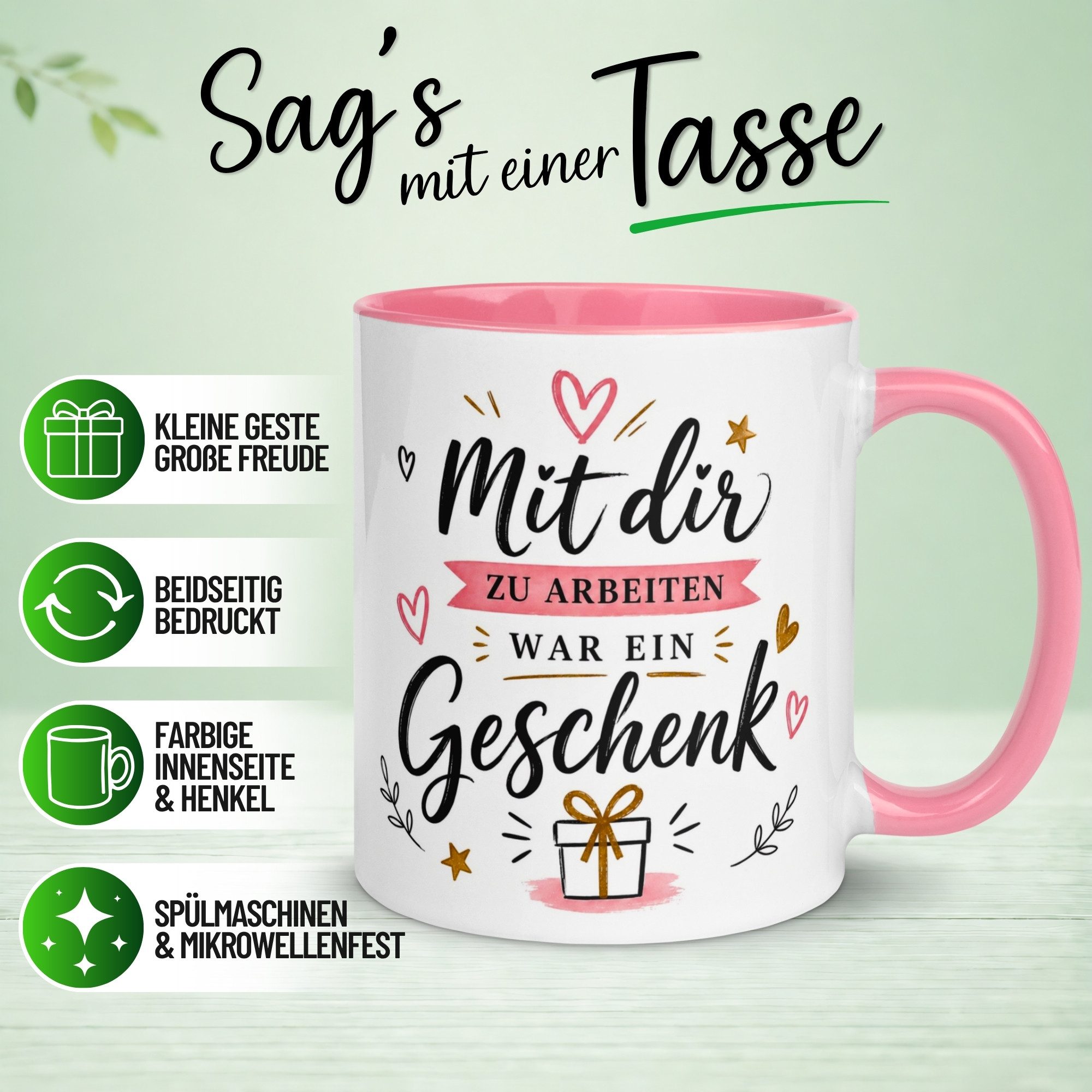 Momentals Tasse Abschiedsgeschenk Kollegin – „Mit dir zu arbeiten war ein Geschenk“, Gratis Versand · Links-&Rechtshänder · Spülmaschinenfest
