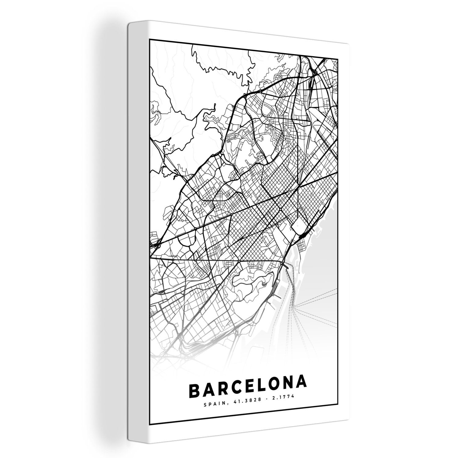 OneMillionCanvasses® Leinwandbild Barcelona - Stadtplan - Karte - Schwarz und weiß, (1 St), Leinwandbild fertig bespannt inkl. Zackenaufhänger, Gemälde, 20x30 cm