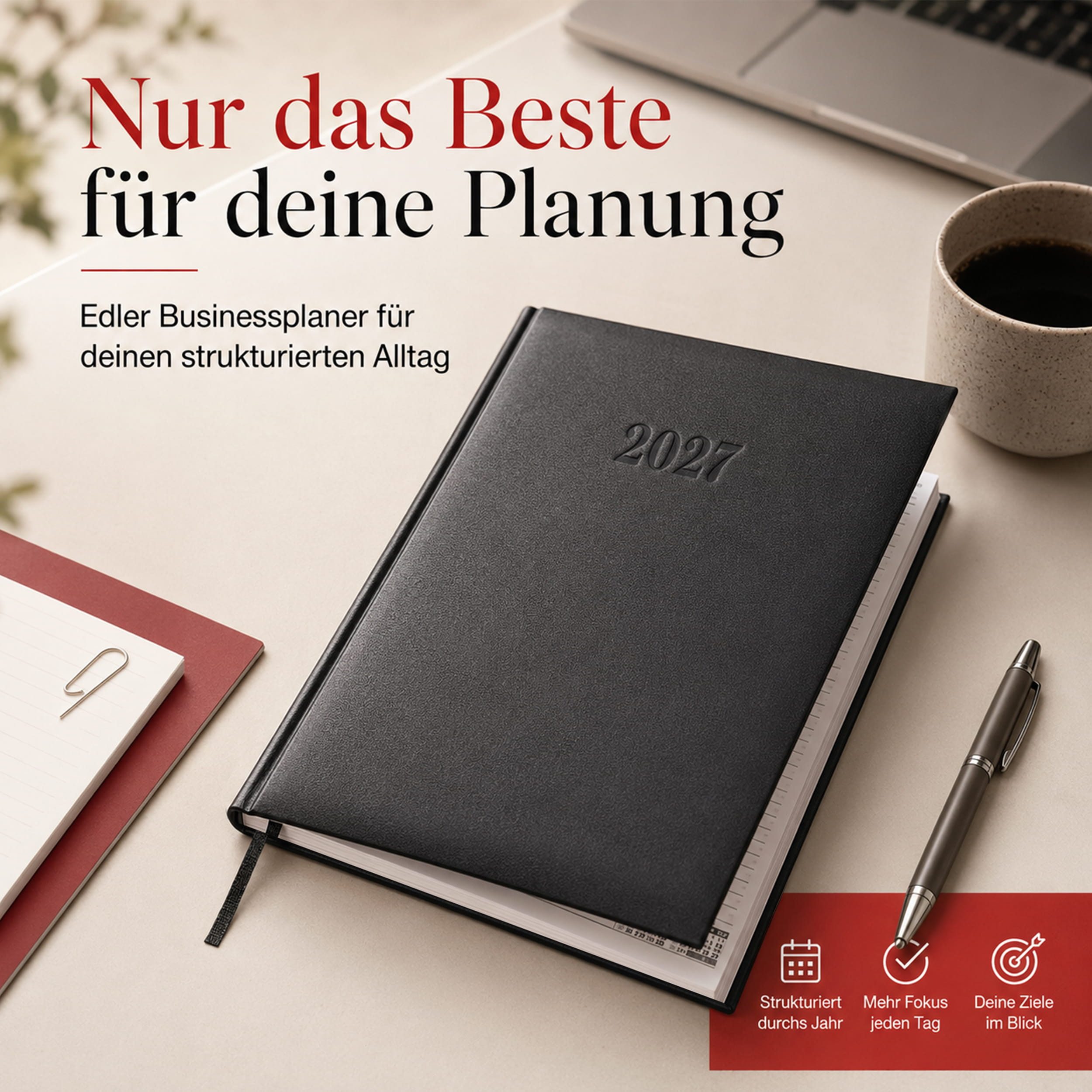 AMLI Buchkalender Terminkalender 2027 fast A4 1 Woche 2 Seiten Lederoptik Schwarz, Halbstunden-Taktung 7-21 Uhr, fast A4, Lederoptik, Leseband