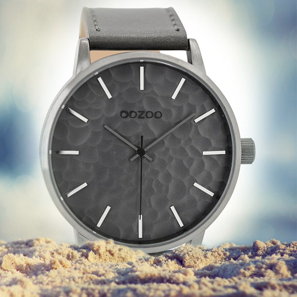 Lederarmband, rund, extra Oozoo Herrenuhr grau, Herren Fashion-Style OOZOO Quarzuhr 48mm) (ca. Armband-Uhr groß