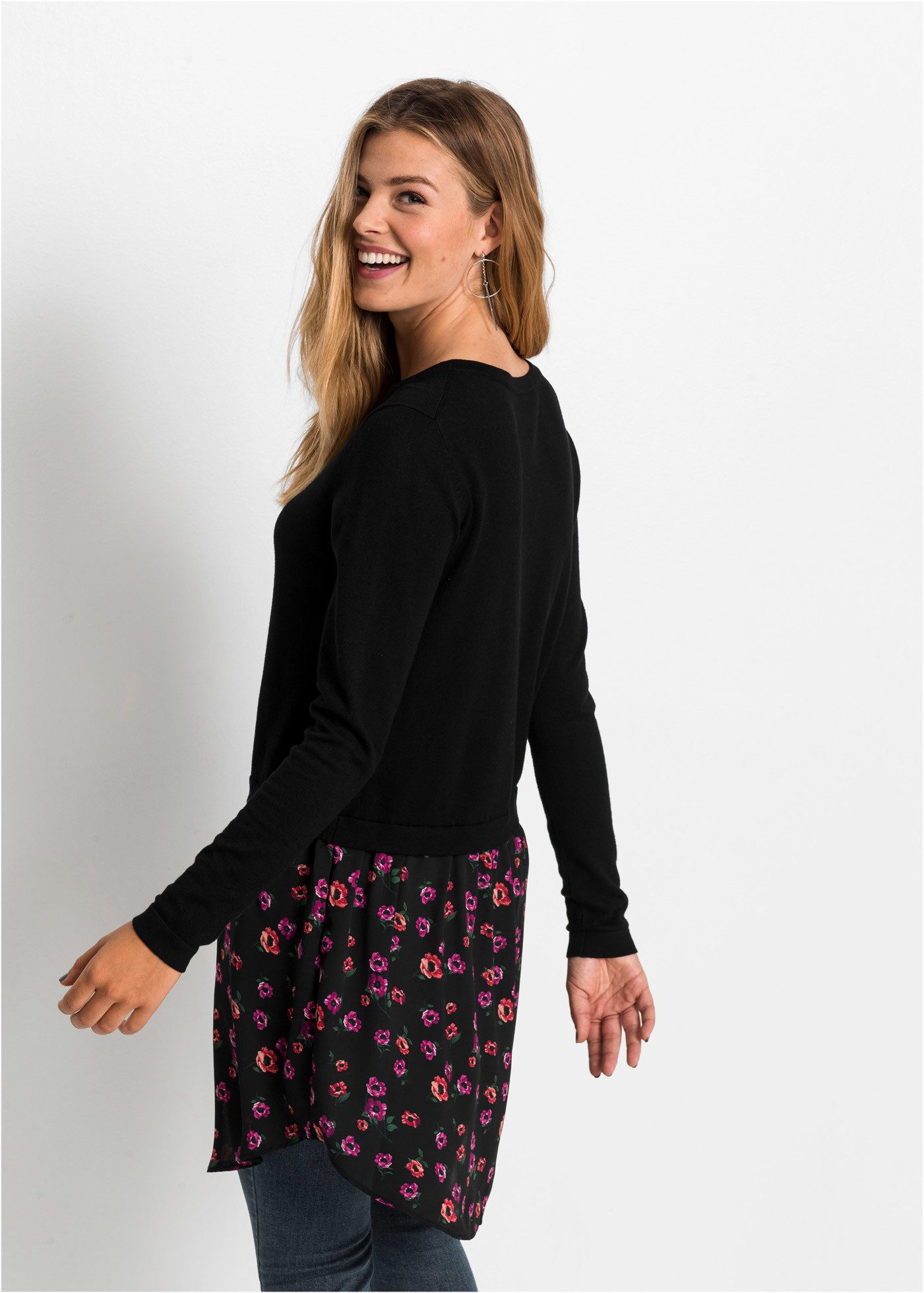 bonprix 2-in-1-Pullover im Materialmix, mit geblümten Rockansatz, bequem