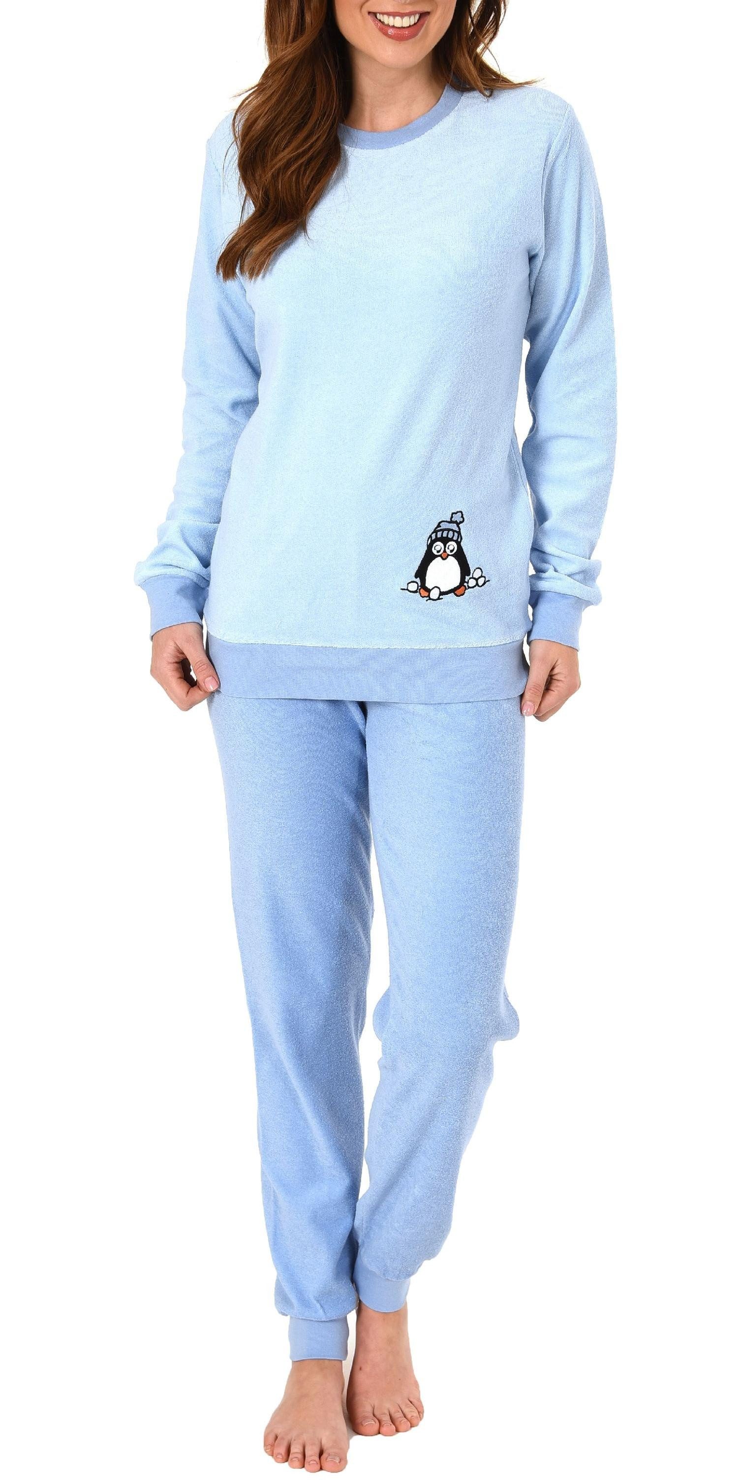 Pyjama Damen Frottee Pyjama langarm mit Bündchen und süßem Pinguin Motiv